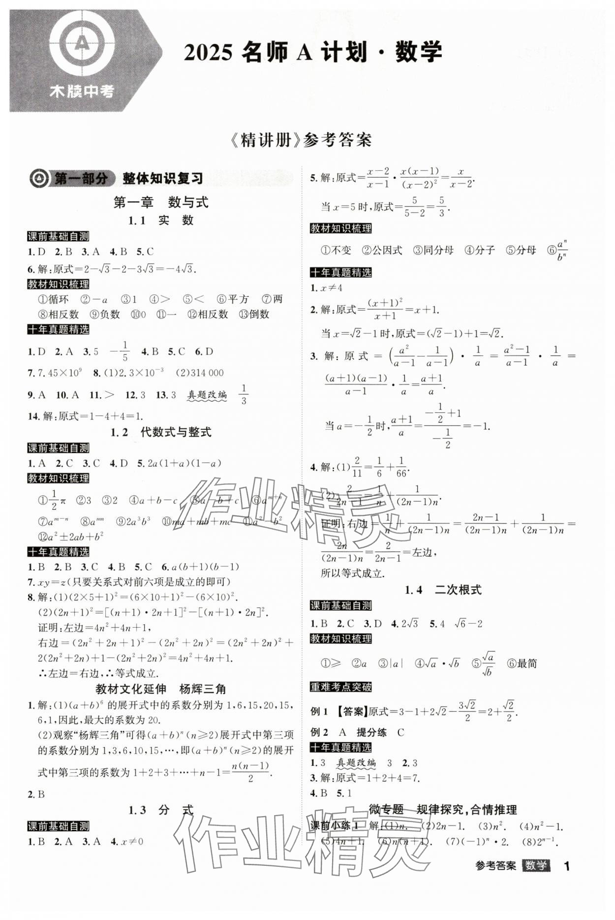 2025年中考总复习名师A计划数学中考 参考答案第1页