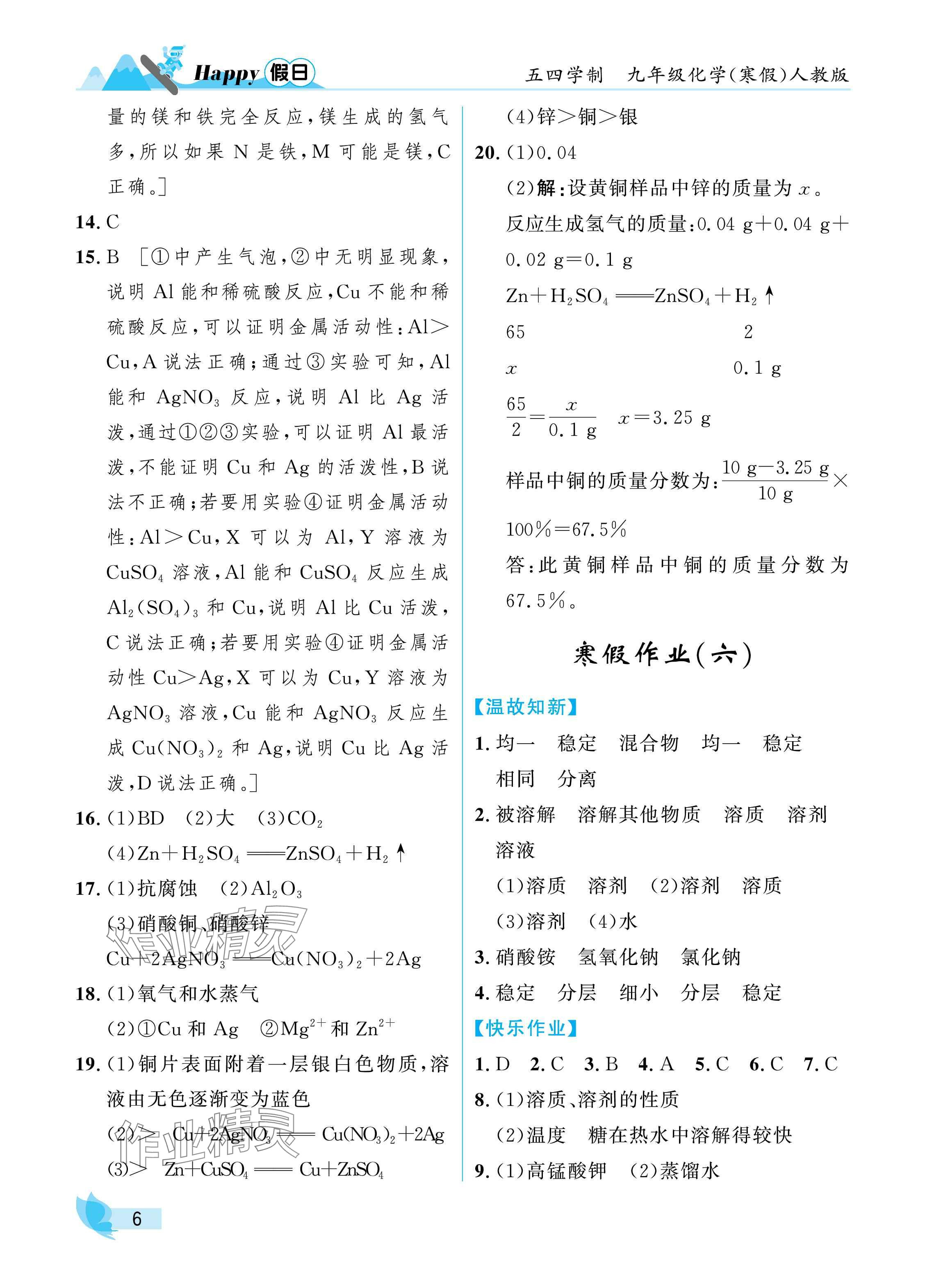 2025年寒假Happy假日九年級化學人教版五四制 參考答案第6頁