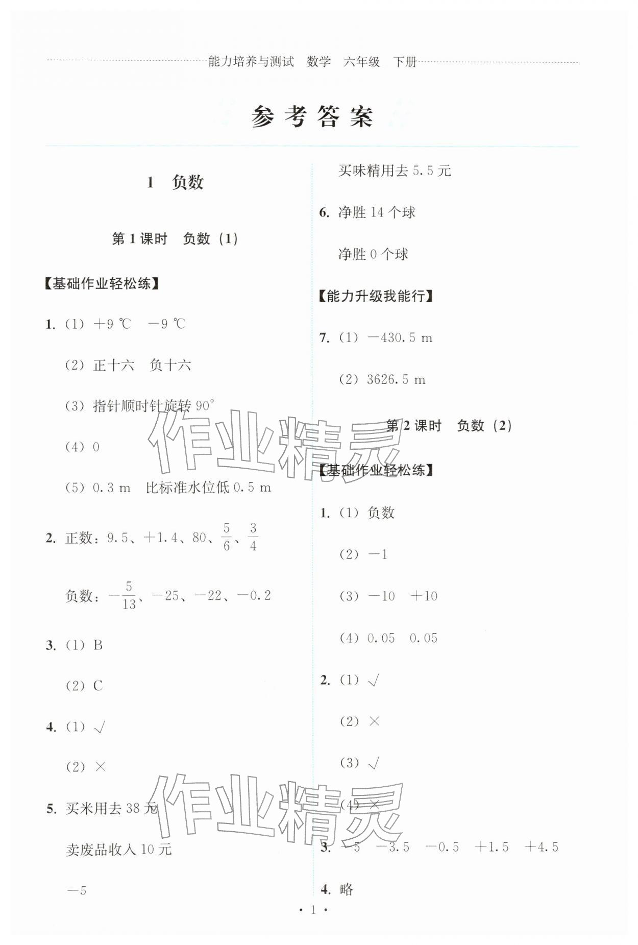 2026年能力培养与测试六年级数学下册人教版&nbsp;第1页