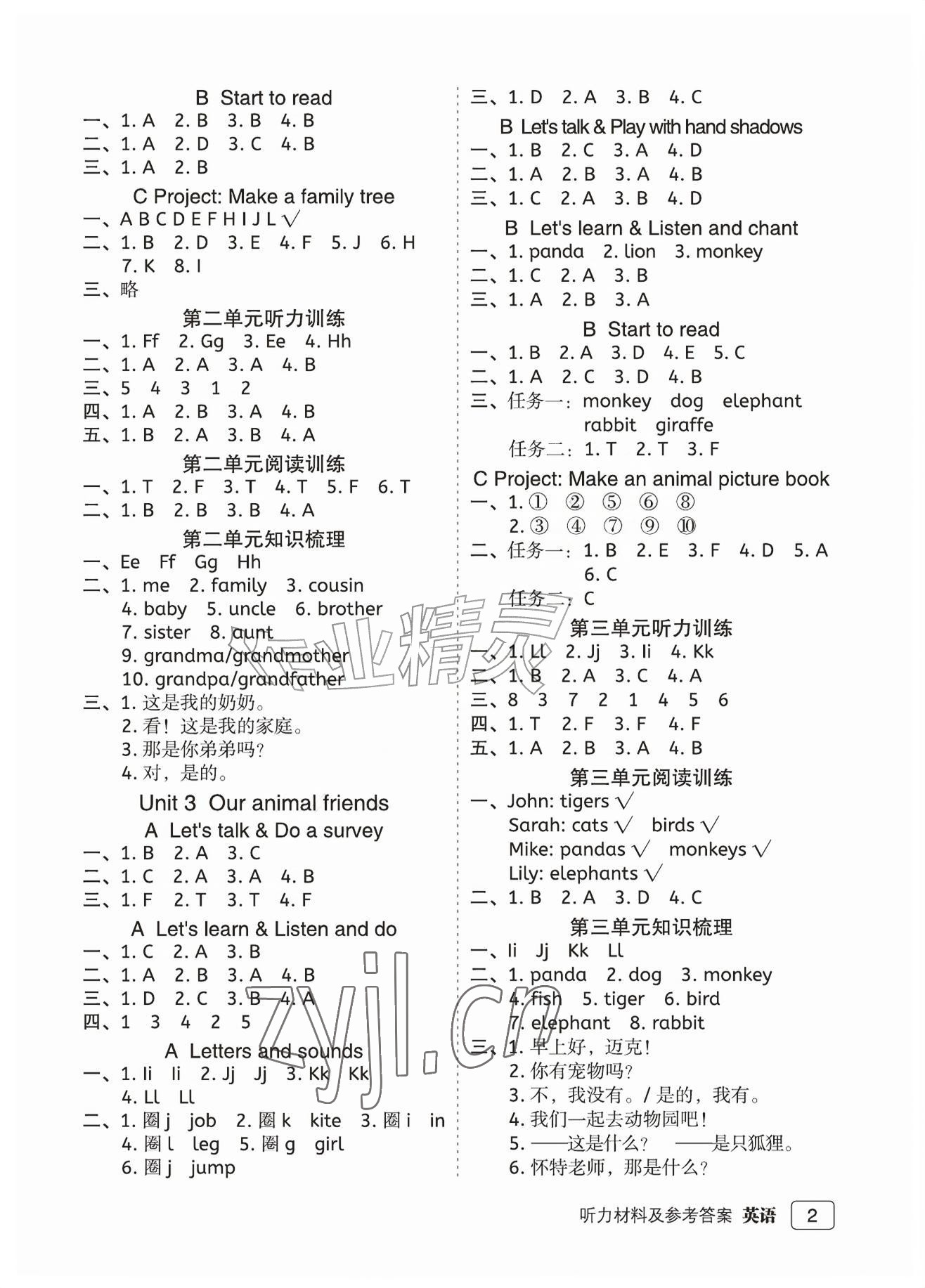 2026年名师面对面先学后练三年级英语上册人教版评议教辅&nbsp;参考答案第2页