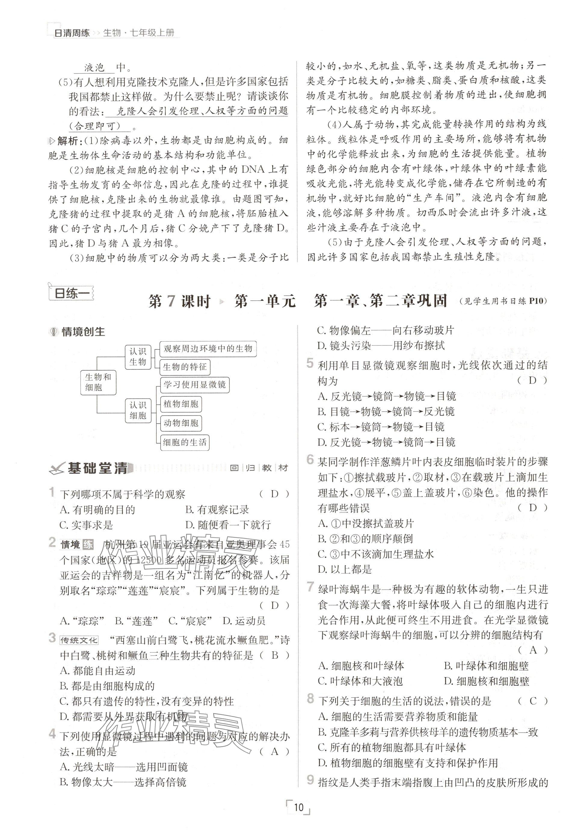 2024年日清周練七年級(jí)生物上冊(cè)人教版 參考答案第10頁(yè)