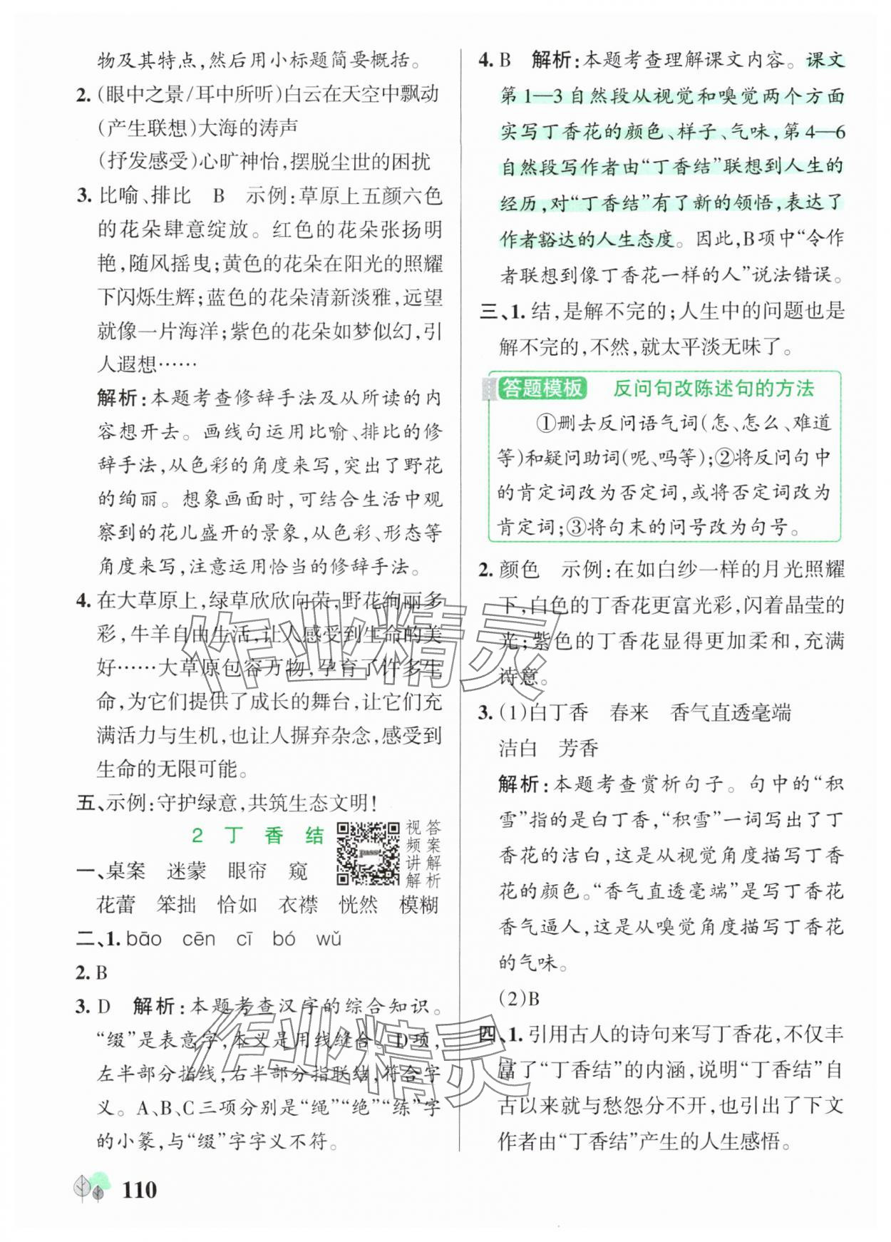 2025年绿卡提优特训六年级语文上册人教版江苏专版 参考答案第2页