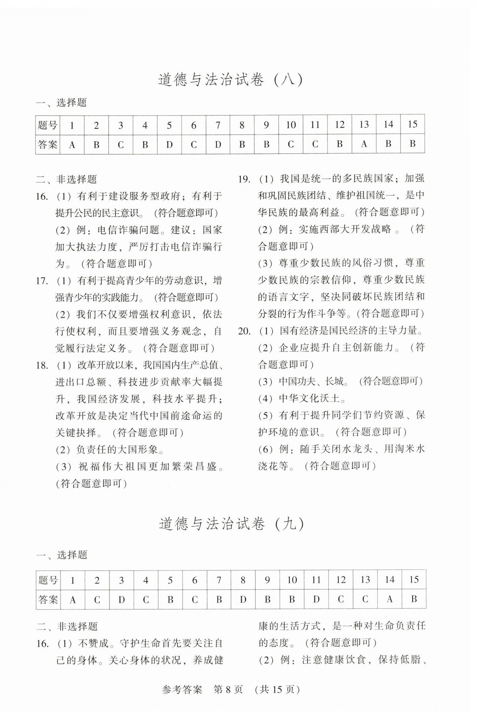 2026年长春市中考综合学习评价与检测文综&nbsp;参考答案第8页