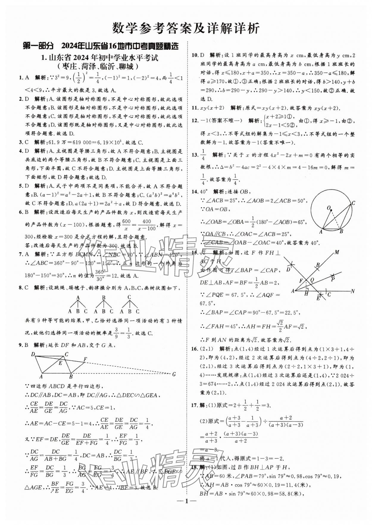 2025年中考試題匯編與解析數(shù)學(xué)山東專版 參考答案第1頁(yè)