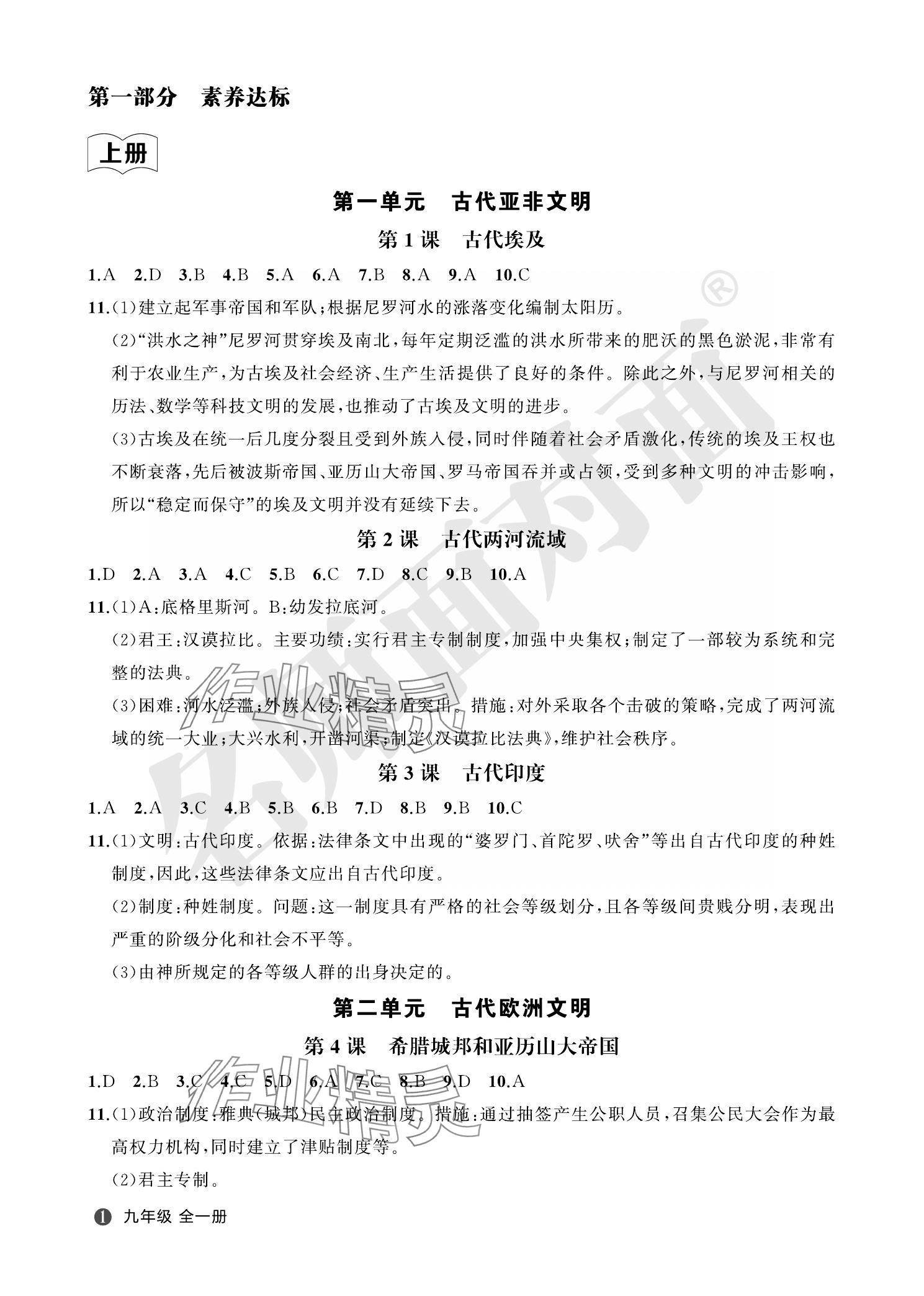 2023年名師面對面學(xué)科素養(yǎng)評價九年級歷史全一冊人教版 參考答案第1頁