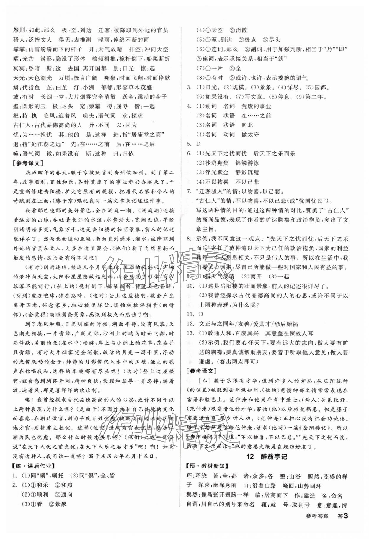 2024年全品學(xué)練考九年級語文人教版廣東專版 參考答案第3頁