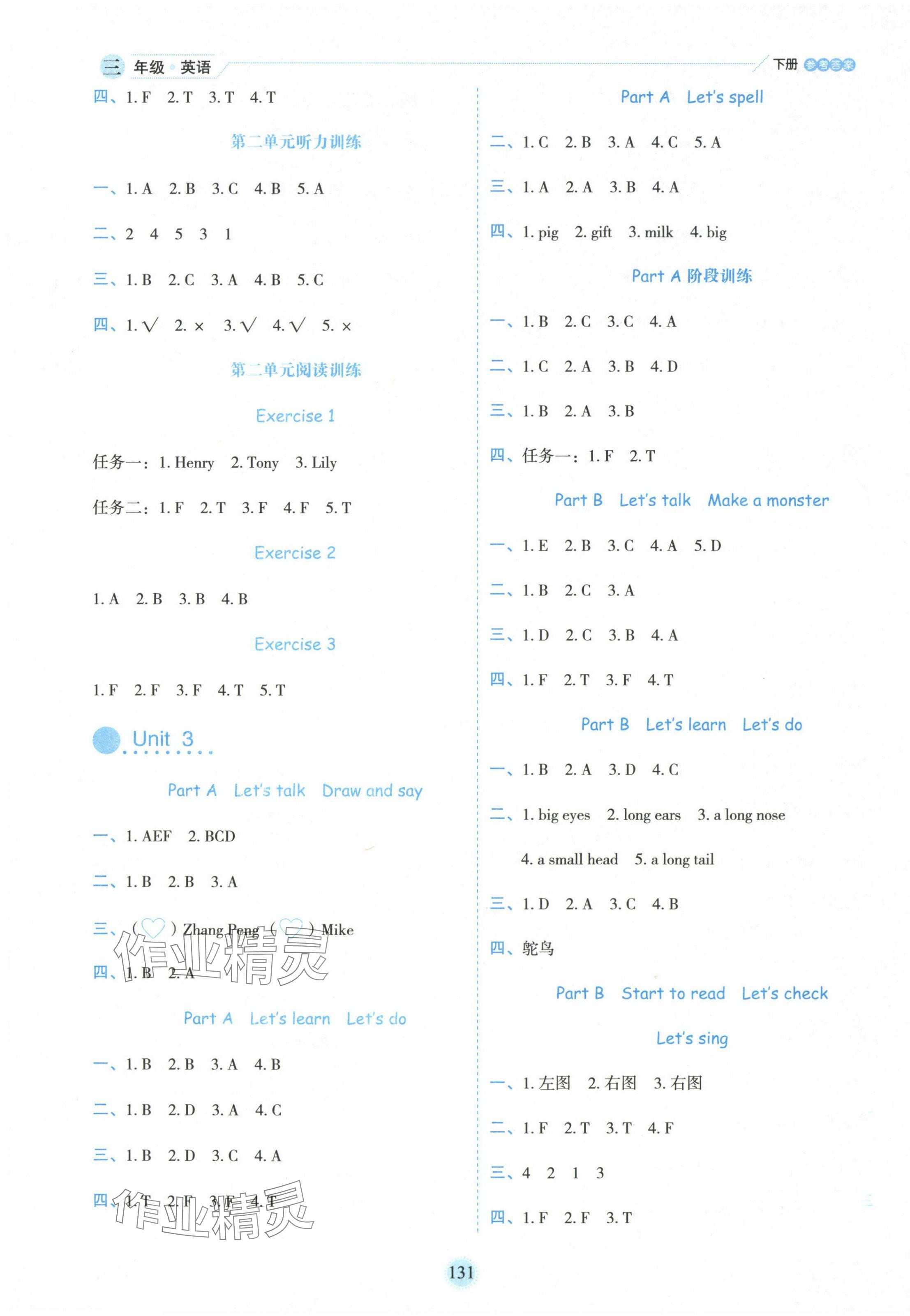 2024年優(yōu)秀生作業(yè)本三年級英語下冊人教版 參考答案第3頁