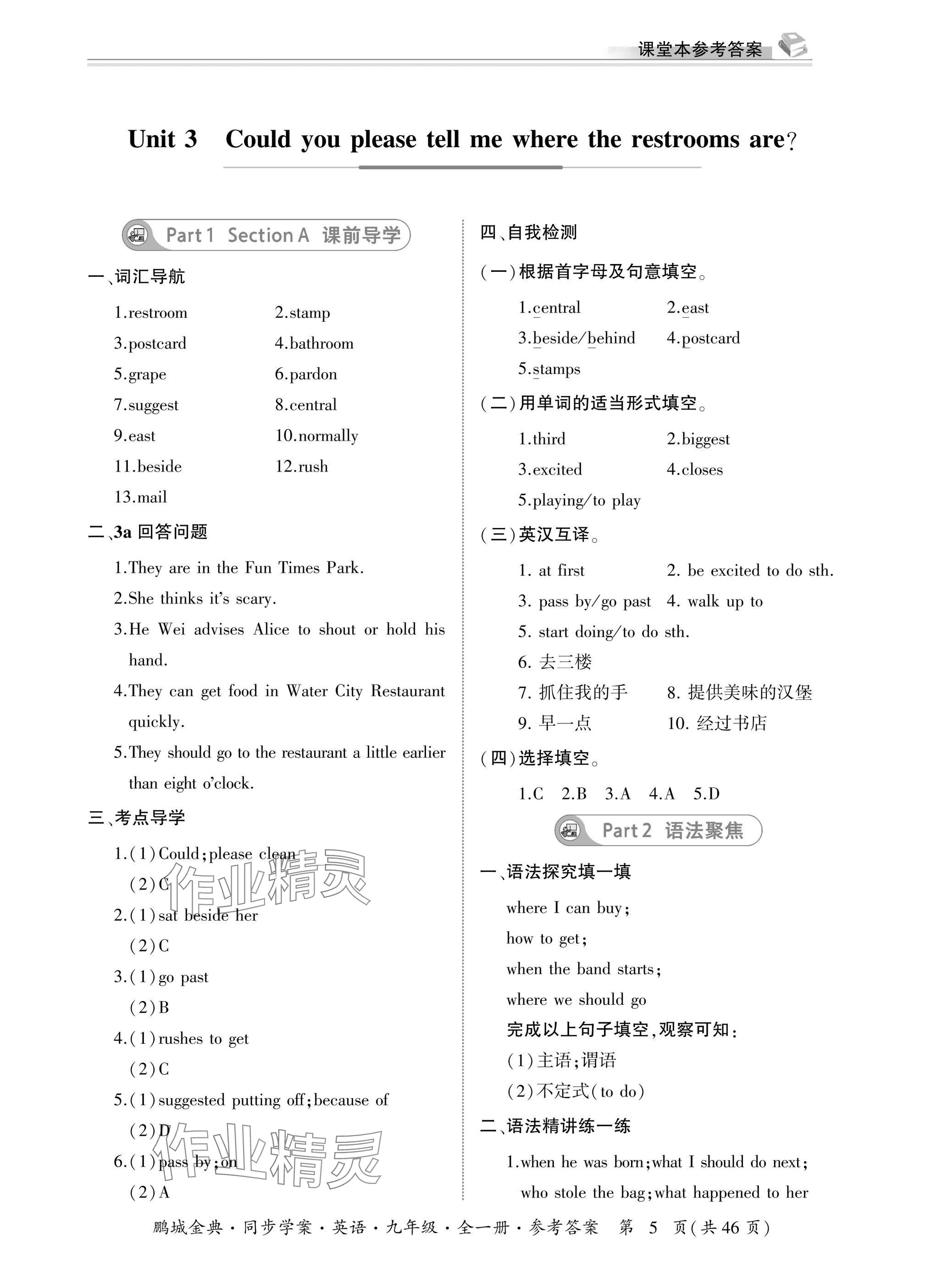 2025年名师帮同步学案九年级英语全一册人教版 参考答案第5页