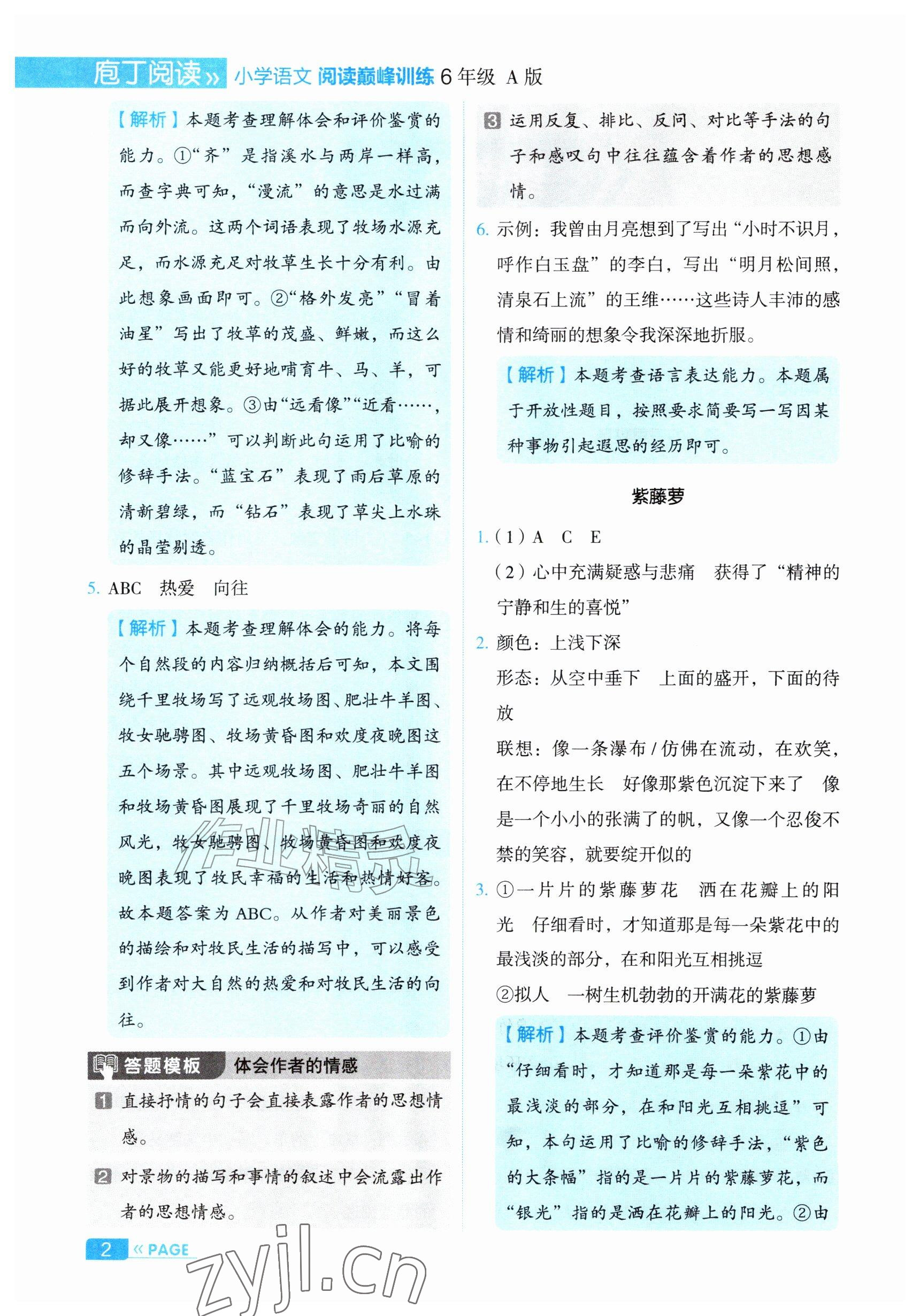 2026年庖丁阅读小学语文阅读巅峰训练六年级&nbsp;参考答案第2页