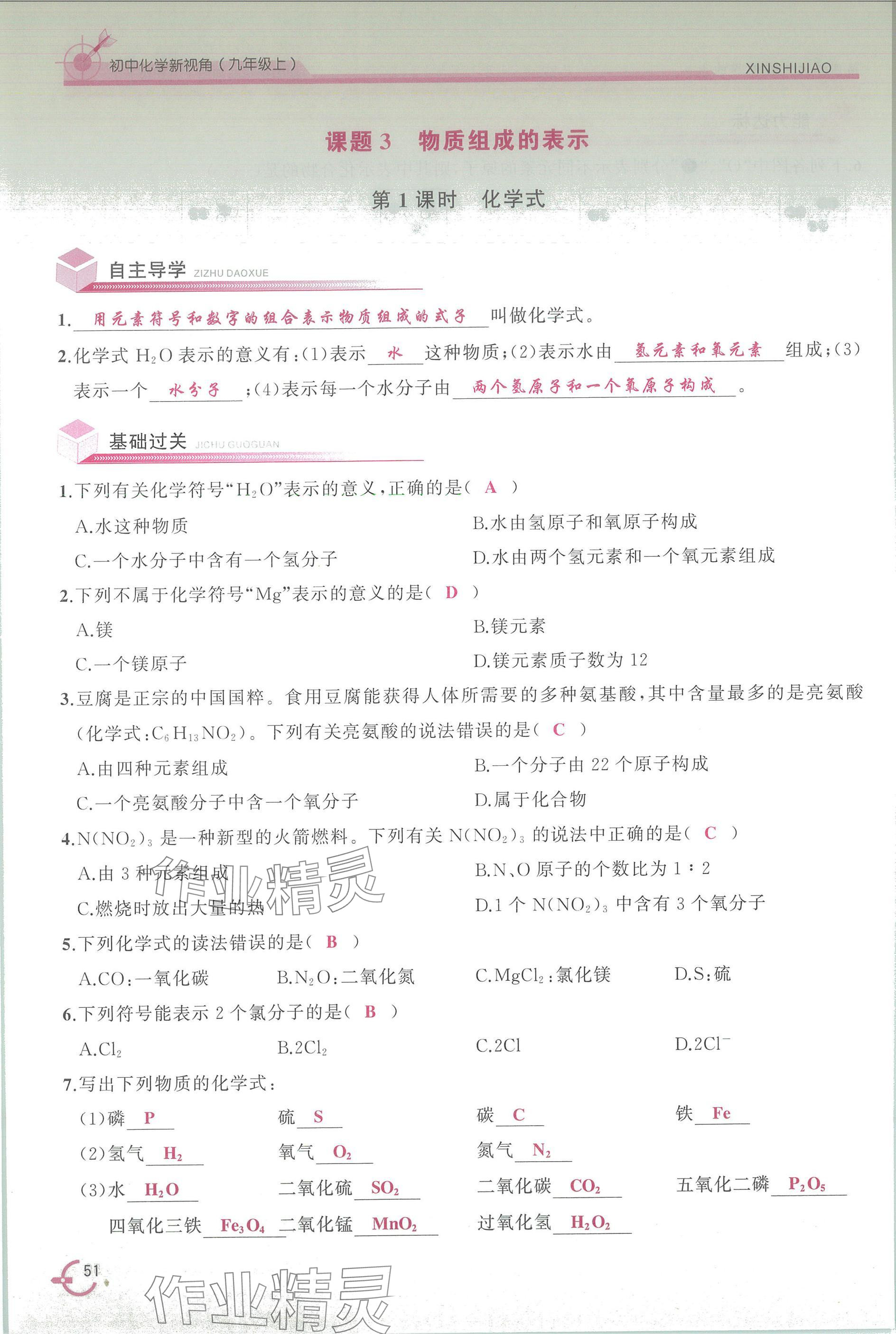 2025年新视角教辅系列丛书九年级化学上册人教版 参考答案第51页