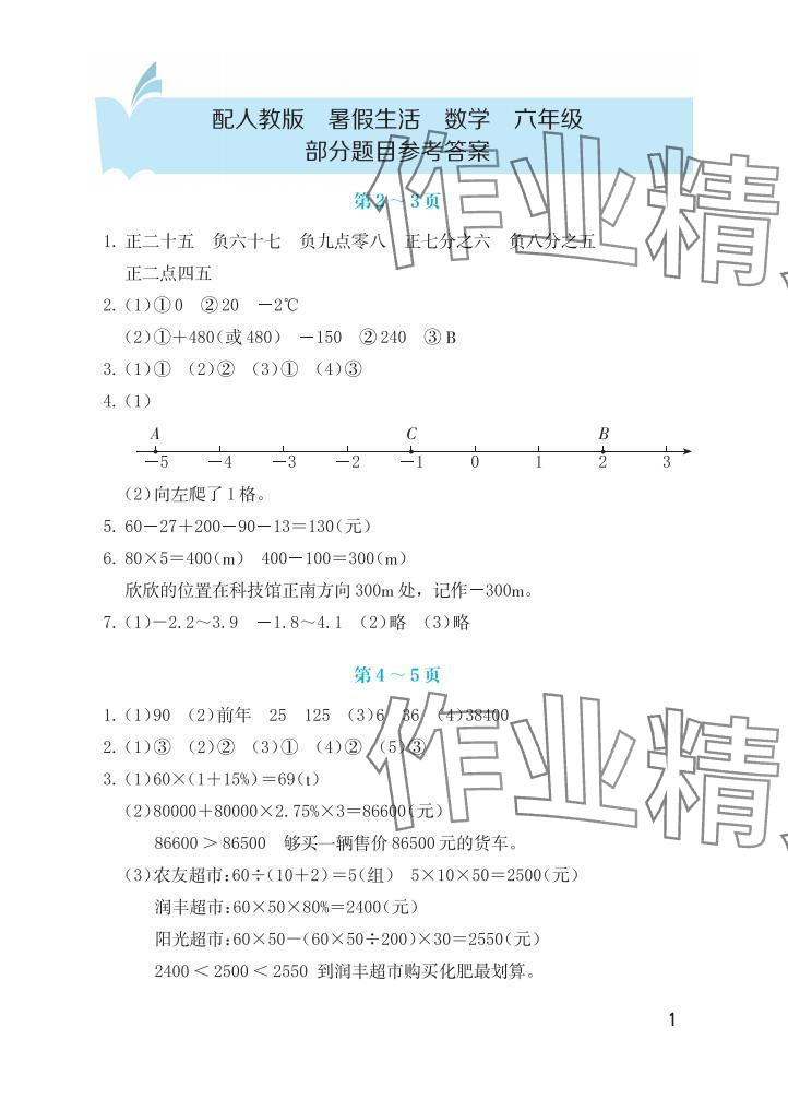 2025年暑假生活海燕出版社六年級數學人教版 參考答案第1頁