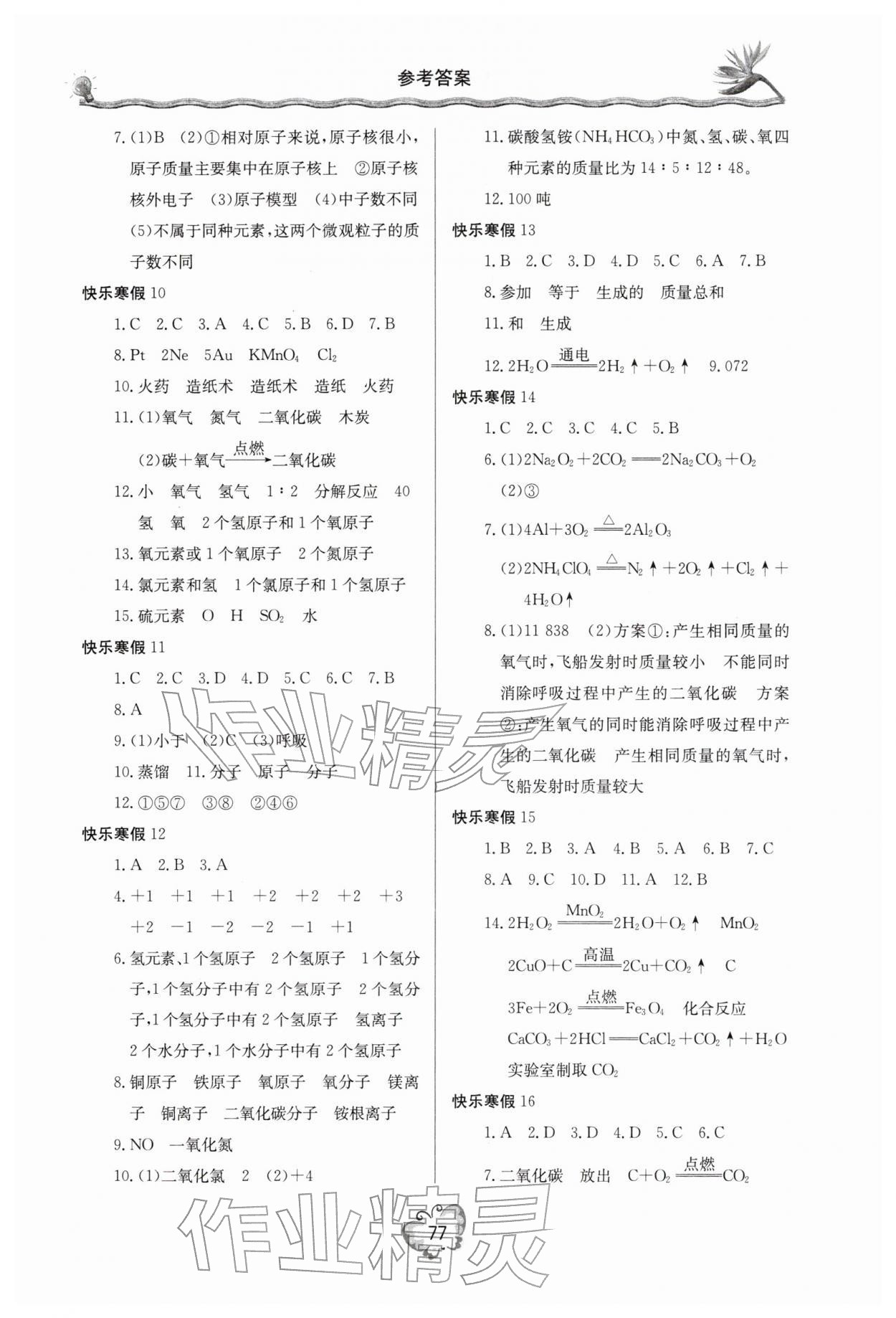 2026年新课堂寒假生活九年级化学人教版&nbsp;参考答案第2页