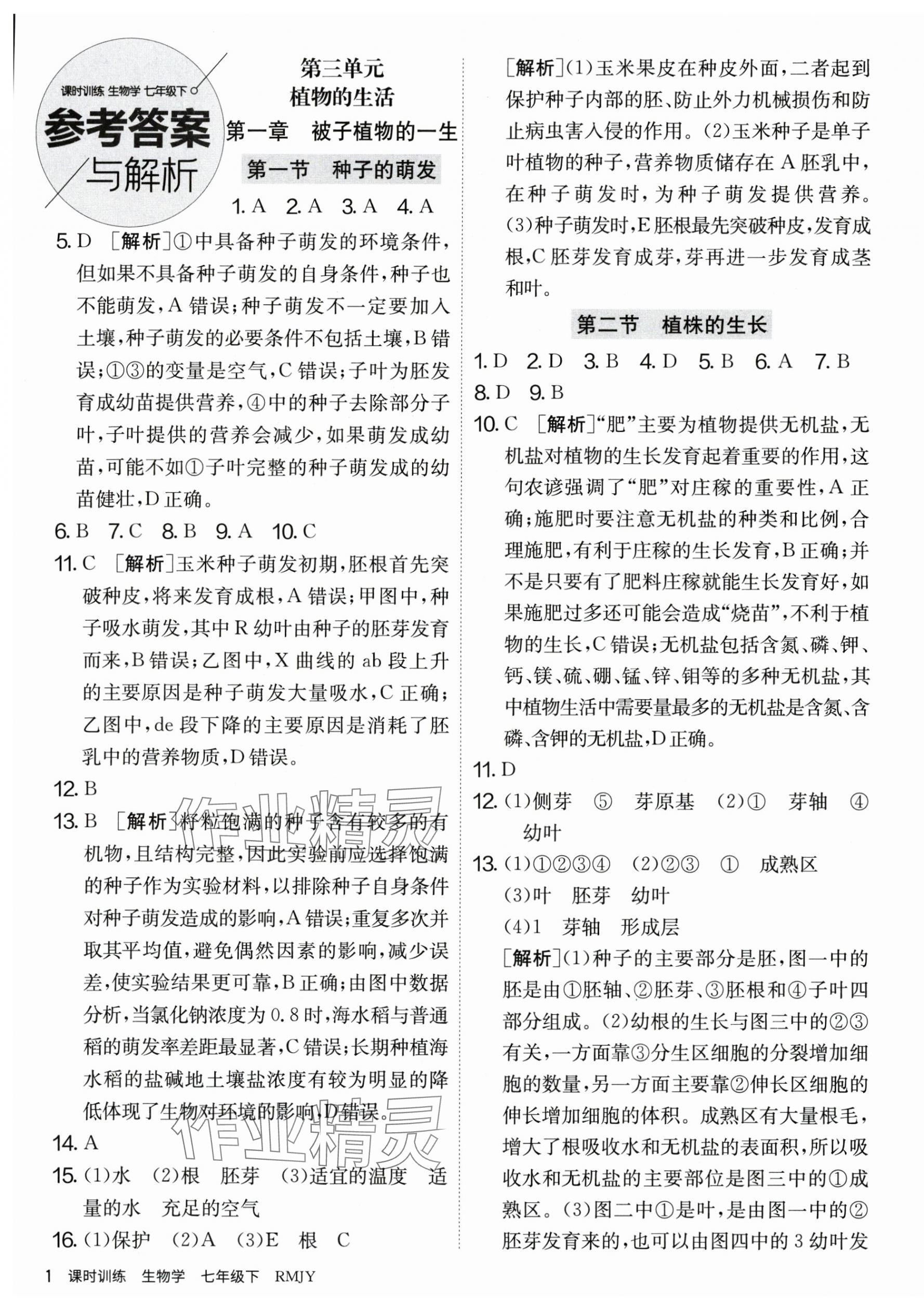 2025年課時訓練家庭作業七年級生物下冊人教版 第1頁