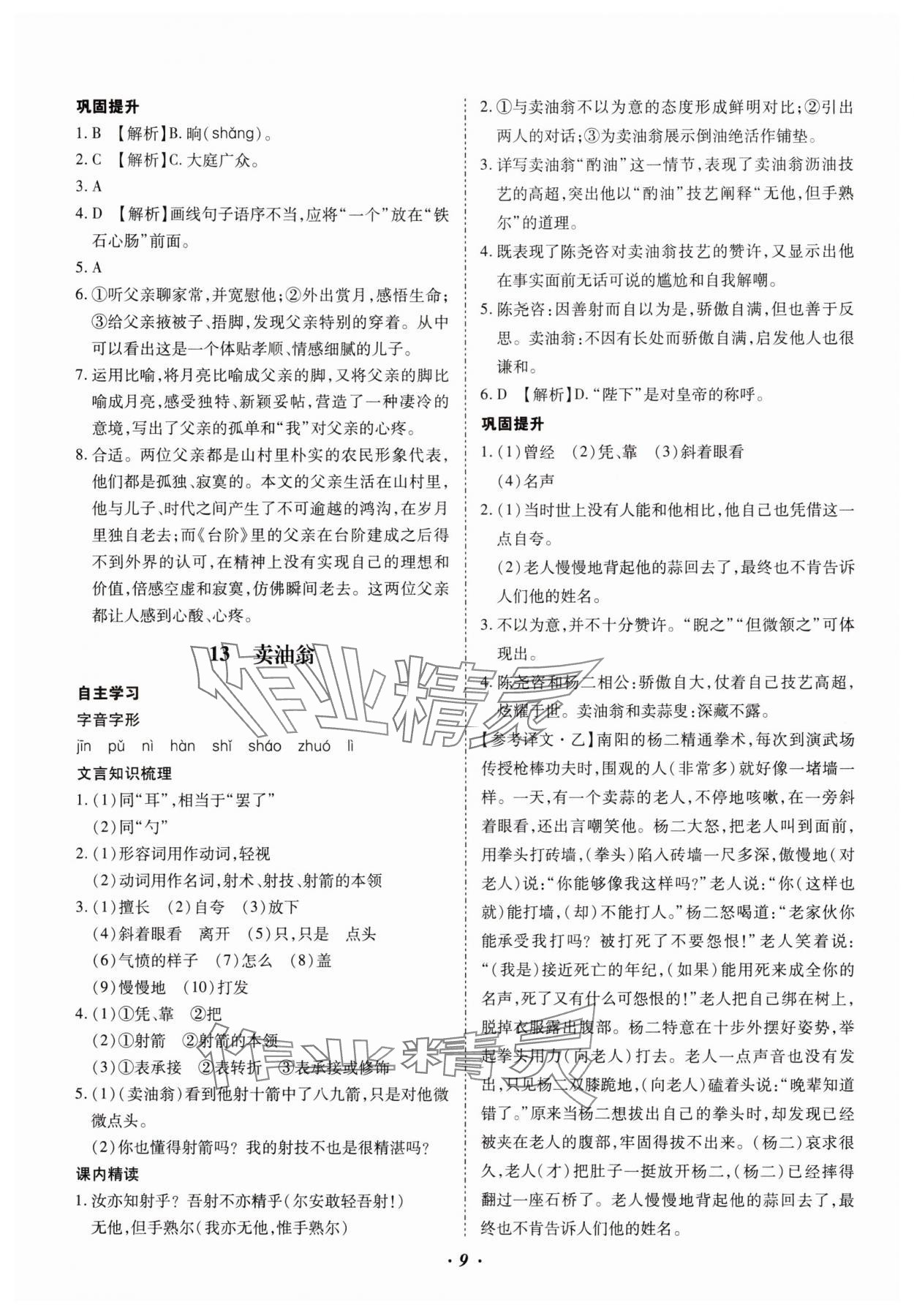 2025年本土攻略七年級語文下冊人教版云南專版 參考答案第9頁