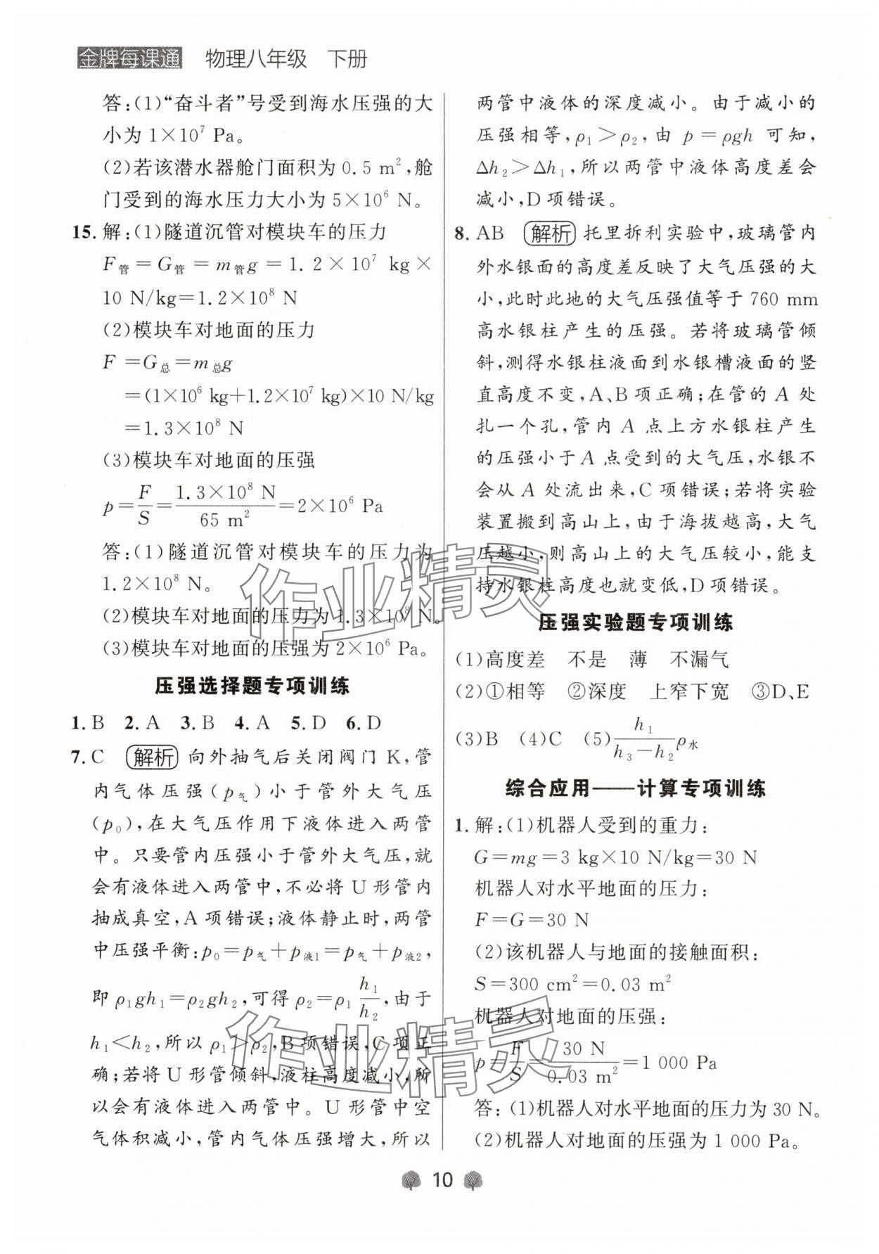 2025年点石成金金牌每课通八年级物理下册人教版辽宁专版 参考答案第10页