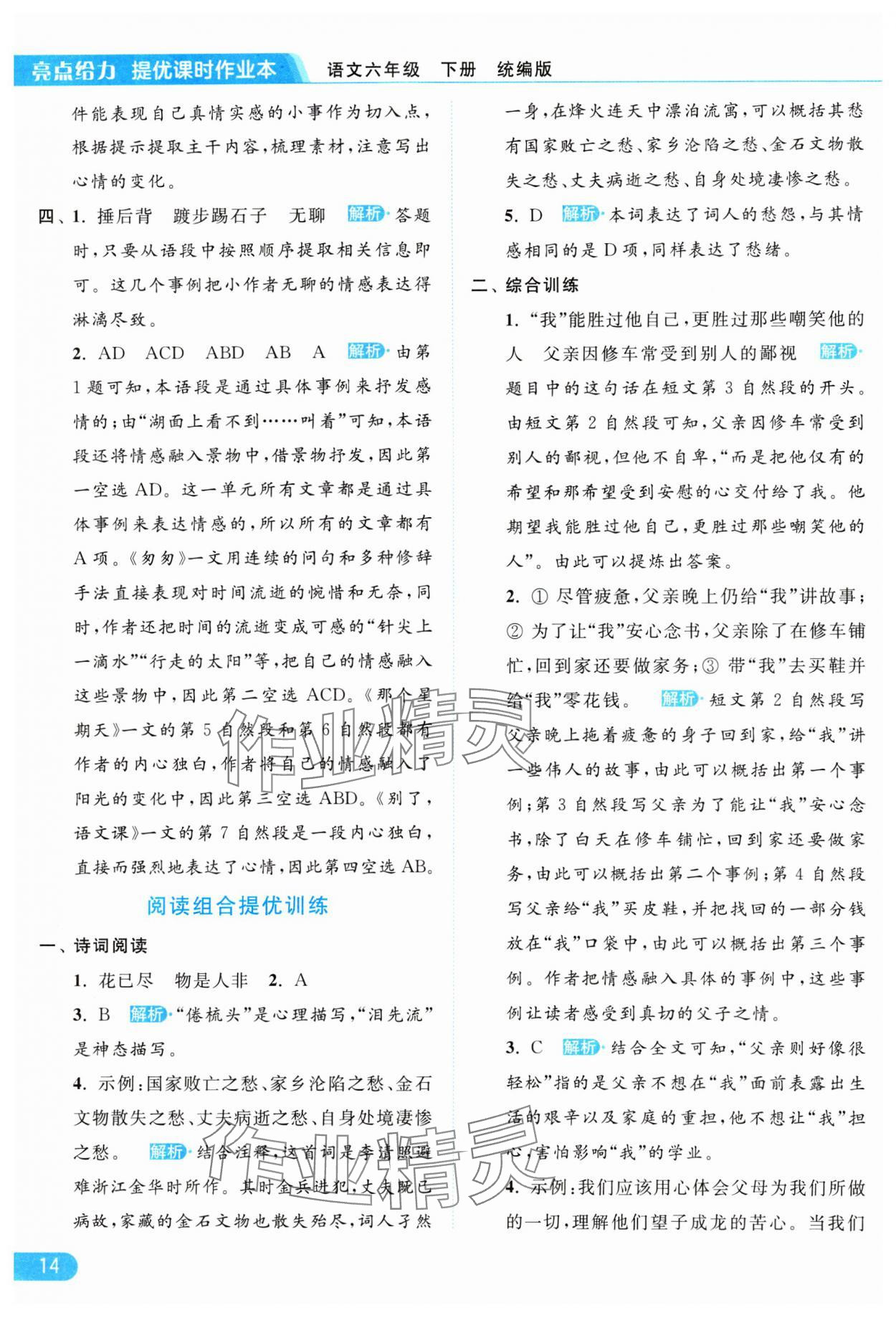 2024年亮点给力提优课时作业本六年级语文下册统编版 参考答案第14页