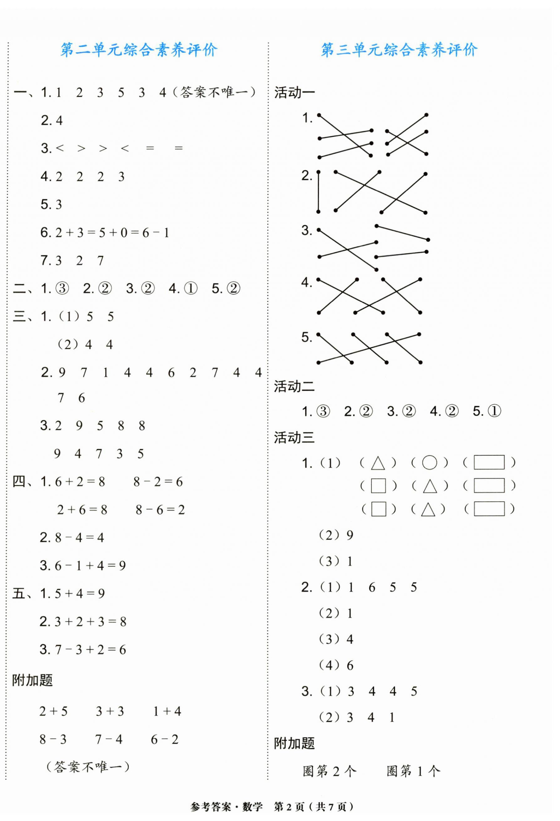2024年金牌大考卷一年级数学上册西师大版 参考答案第2页