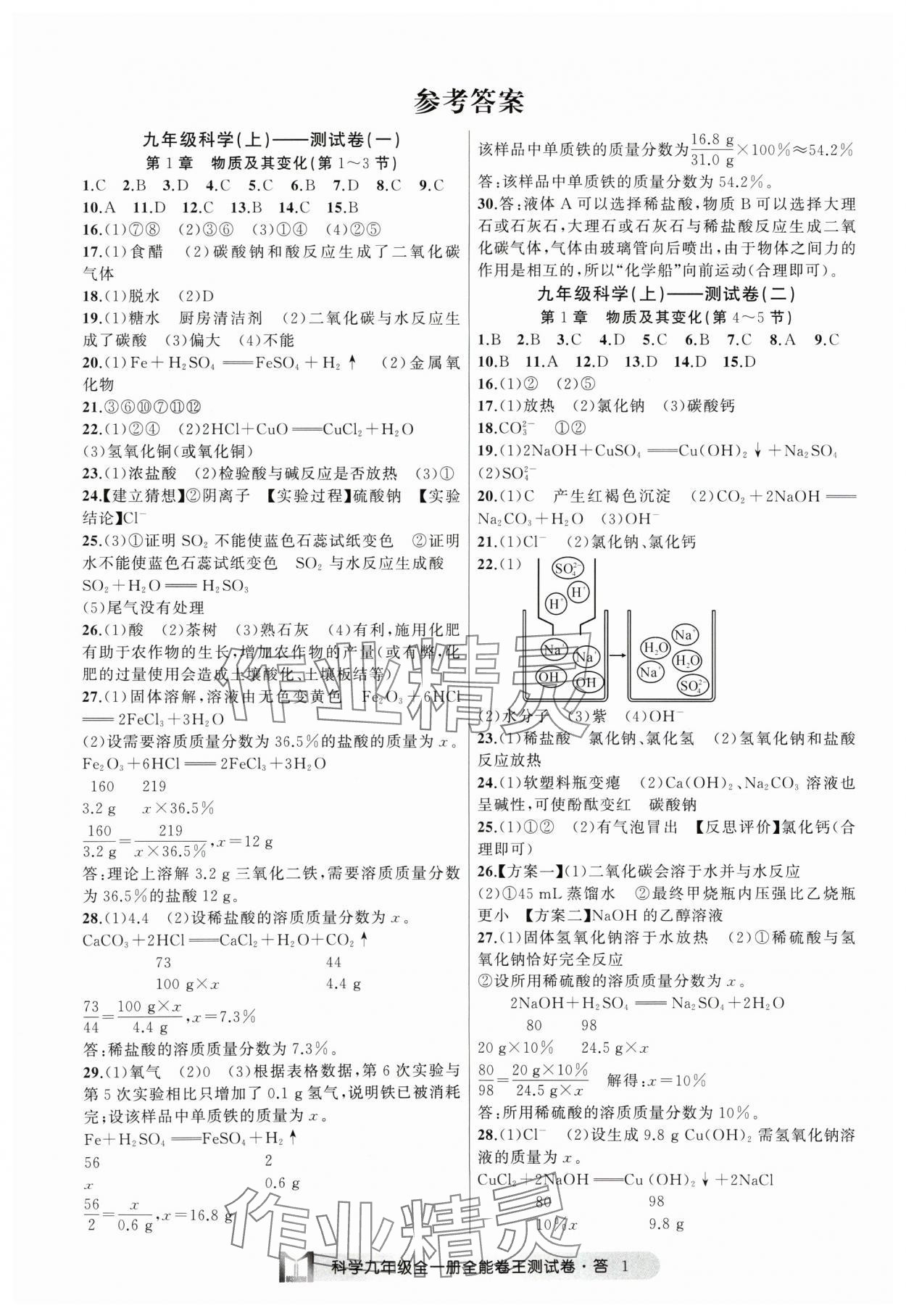 2024年全能卷王單元測試卷九年級科學(xué)全一冊浙教版 參考答案第1頁