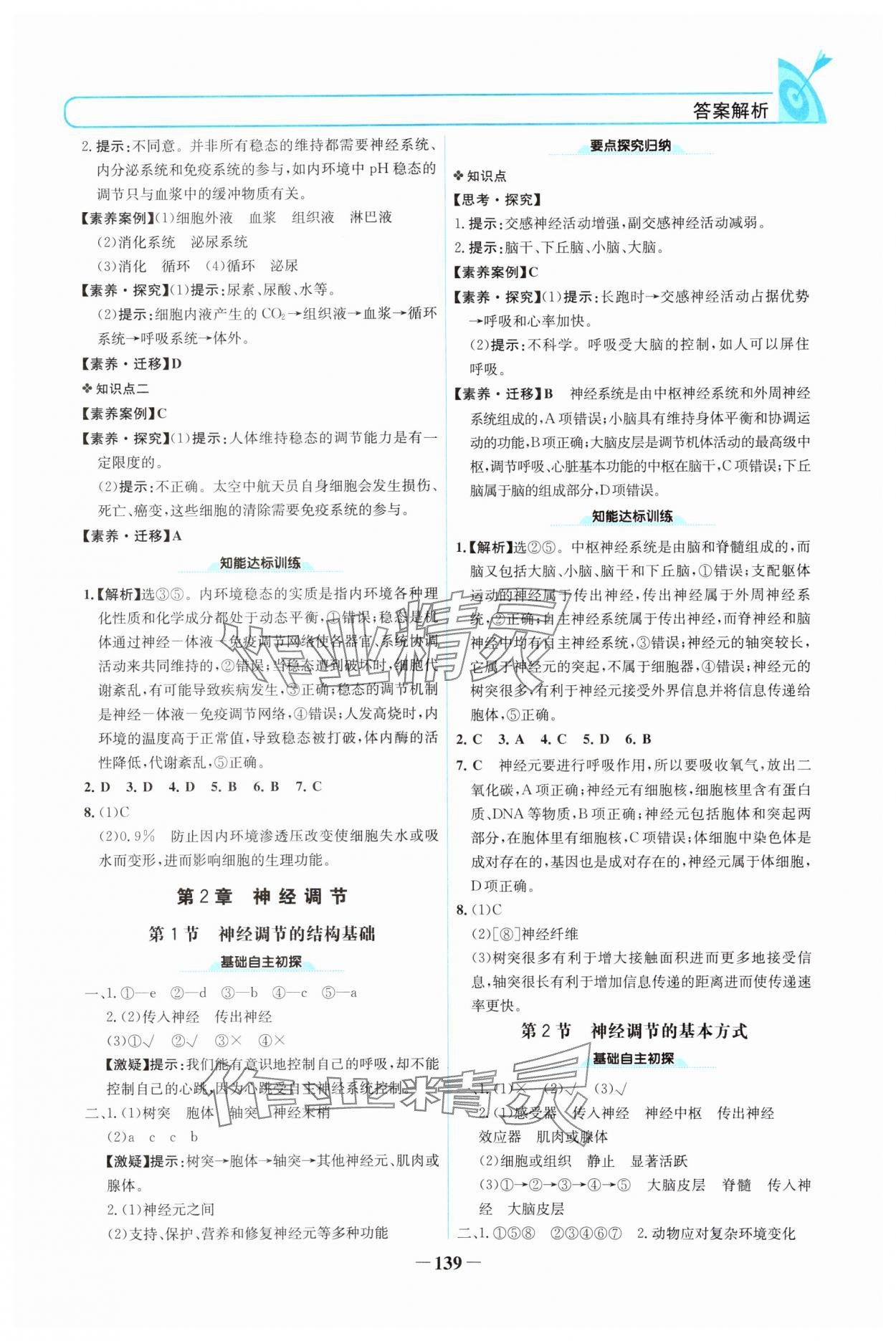 2024年名校学案高二生物选择性必修第一册人教版 参考答案第2页