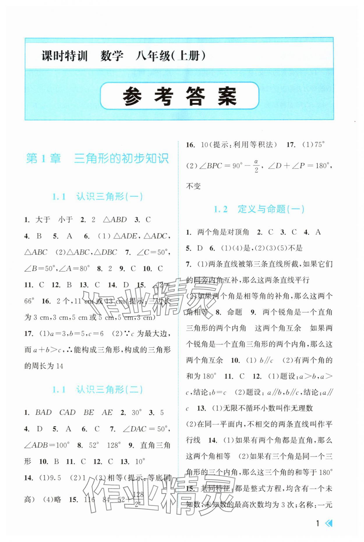 2025年课时特训八年级数学上册浙教版 参考答案第1页