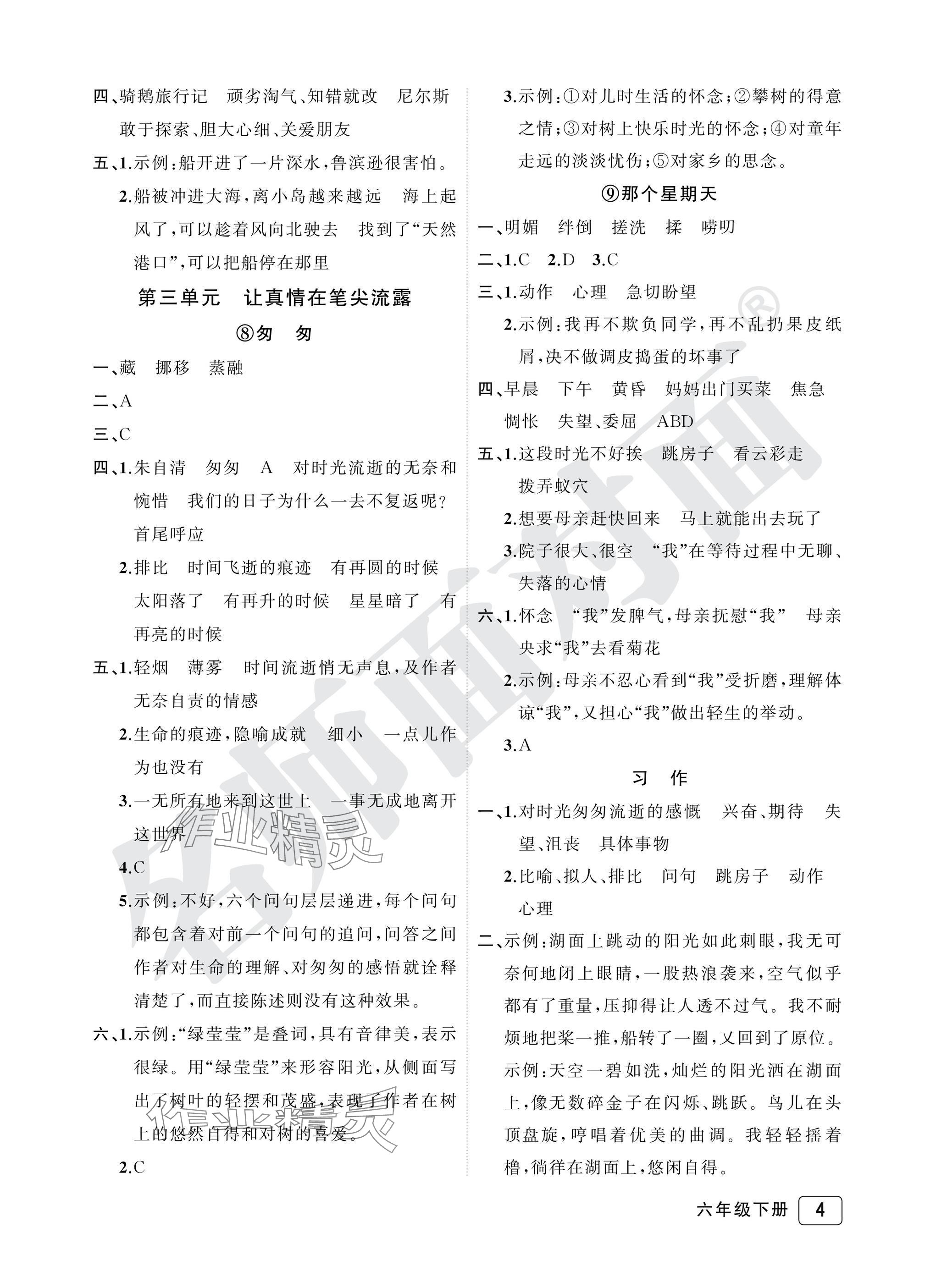 2025年名师面对面先学后练六年级语文下册人教版评议教辅专版 参考答案第4页