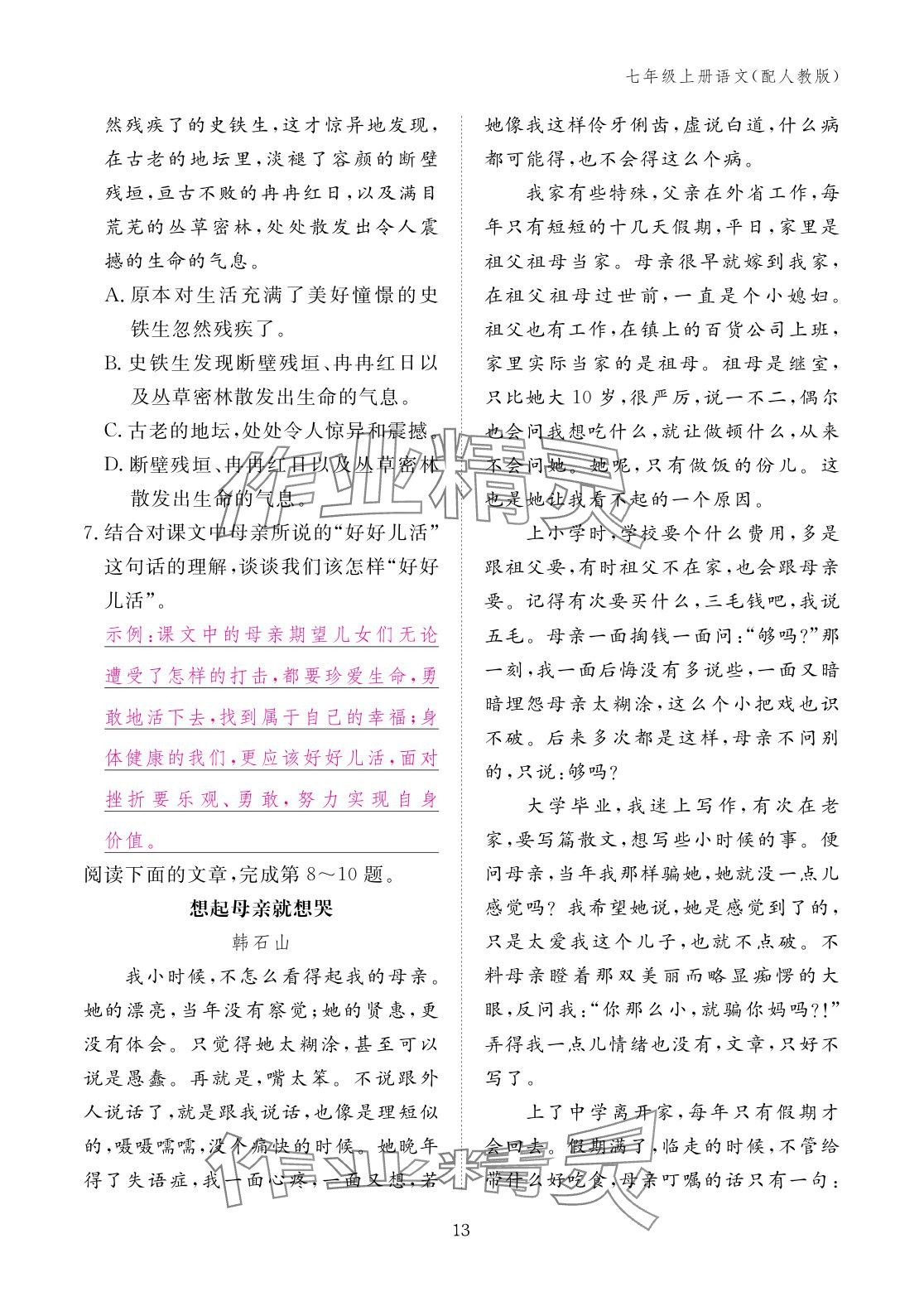 2025年作业本江西教育出版社七年级语文上册人教版 参考答案第13页