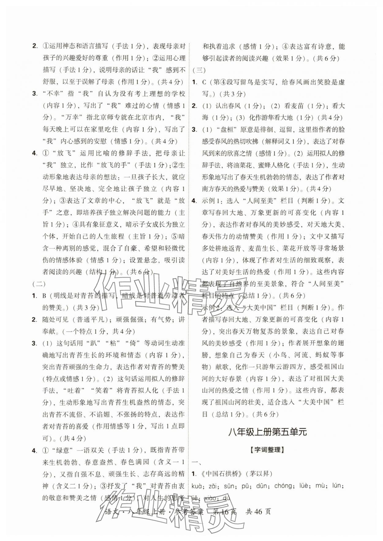 2024年单元优练八年级语文上册人教版广州专版&nbsp;参考答案第16页