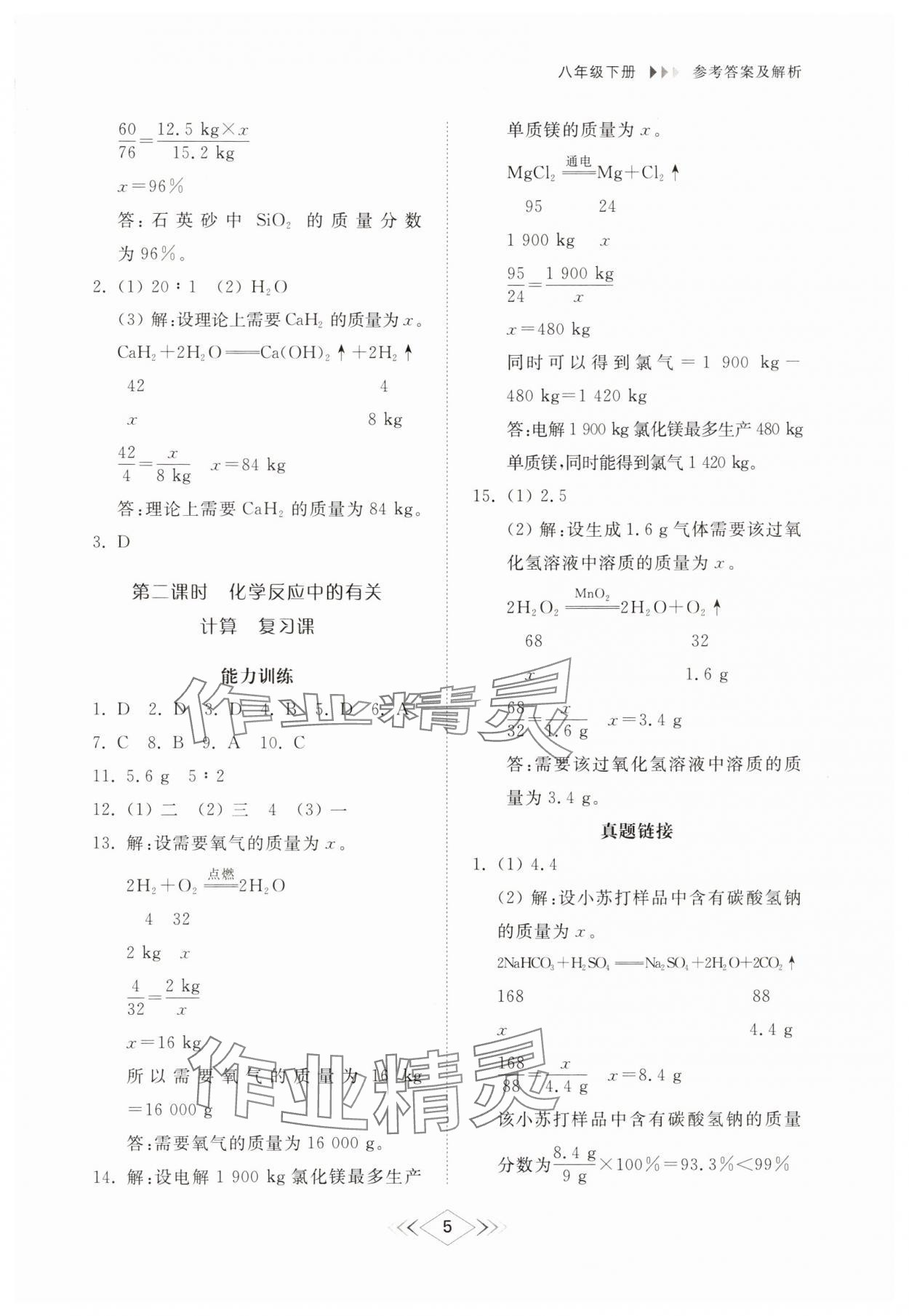 2025年綜合能力訓練八年級化學下冊魯教版54制 參考答案第4頁