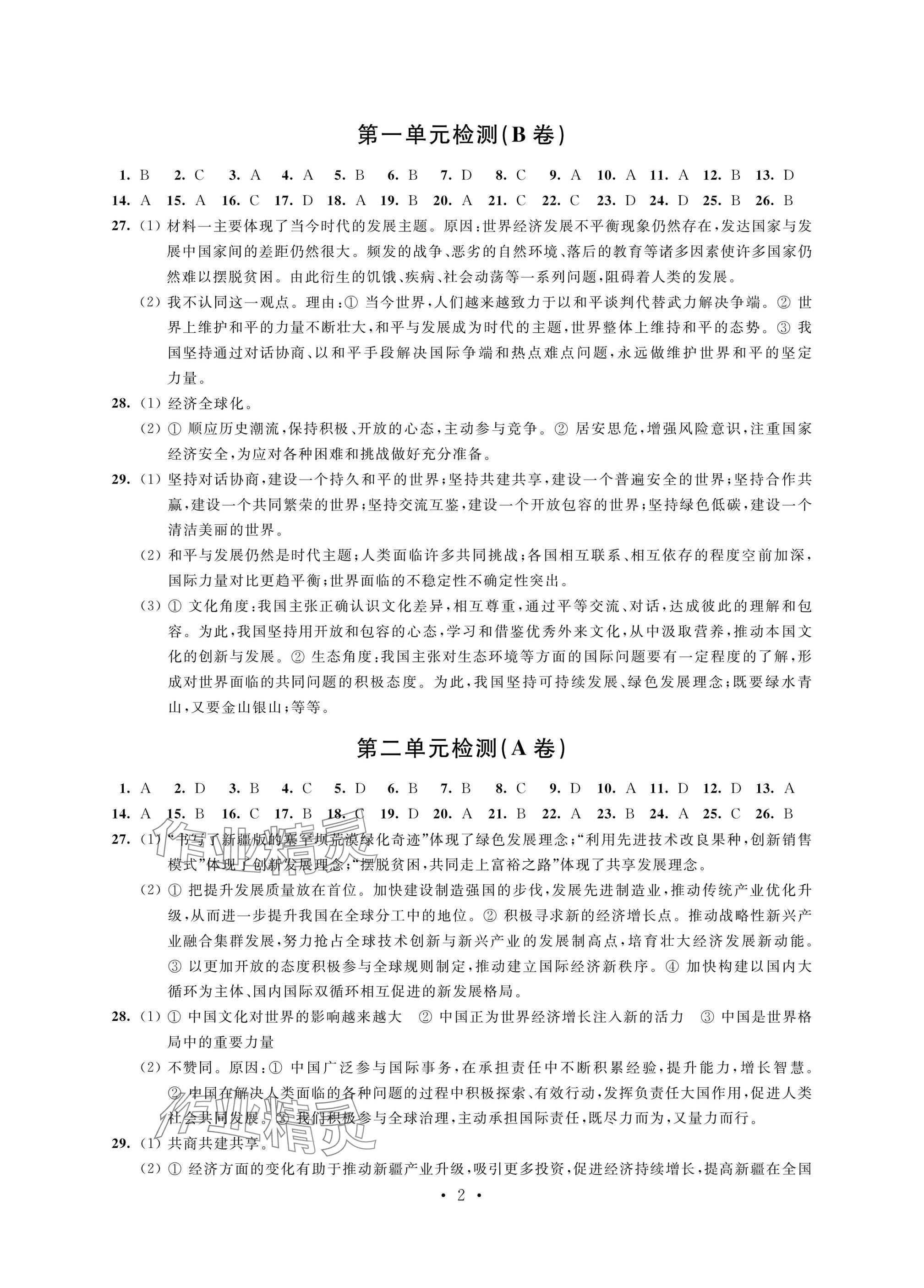 2025年綠色成長互動空間配套練習九年級道德與法治下冊人教版 參考答案第2頁