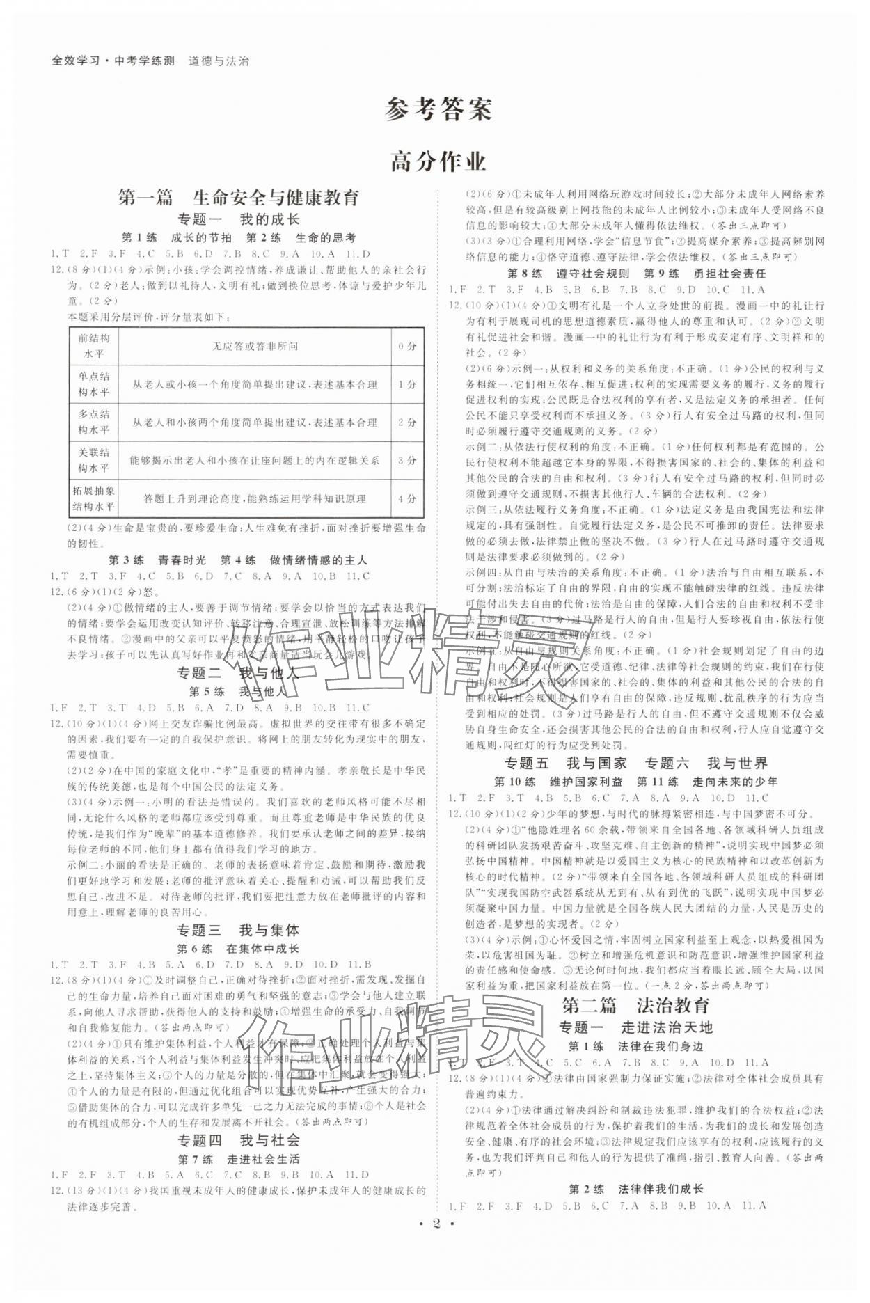 2025年全效學(xué)習(xí)中考學(xué)練測道德與法治浙江專版 參考答案第1頁