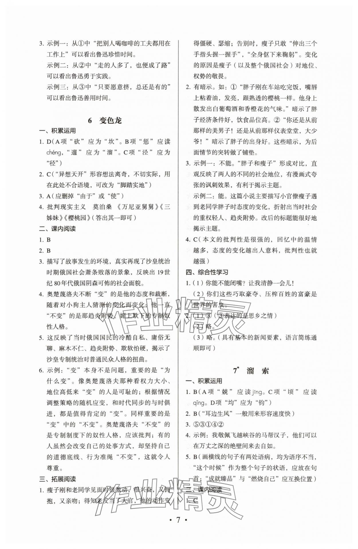 2024年人教金学典同步解析与测评九年级语文下册人教版 参考答案第7页