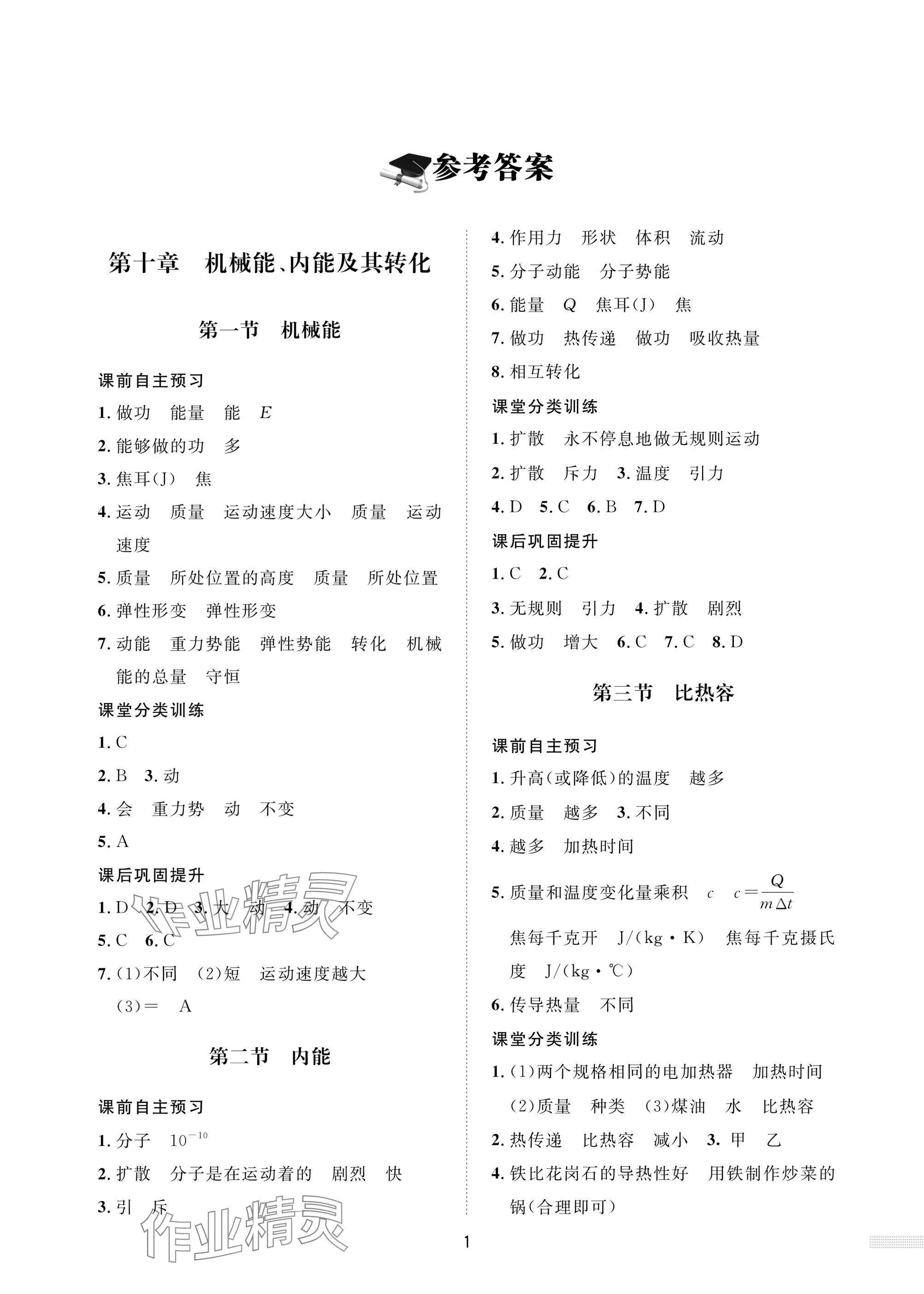 2025年配套综合练习甘肃九年级物理全一册北师大版 参考答案第1页