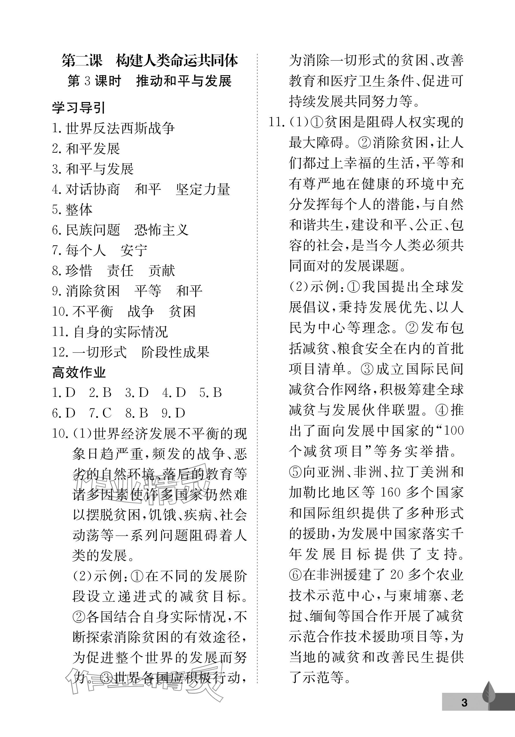 2025年黃岡作業(yè)本武漢大學出版社九年級道德與法治下冊人教版 參考答案第3頁