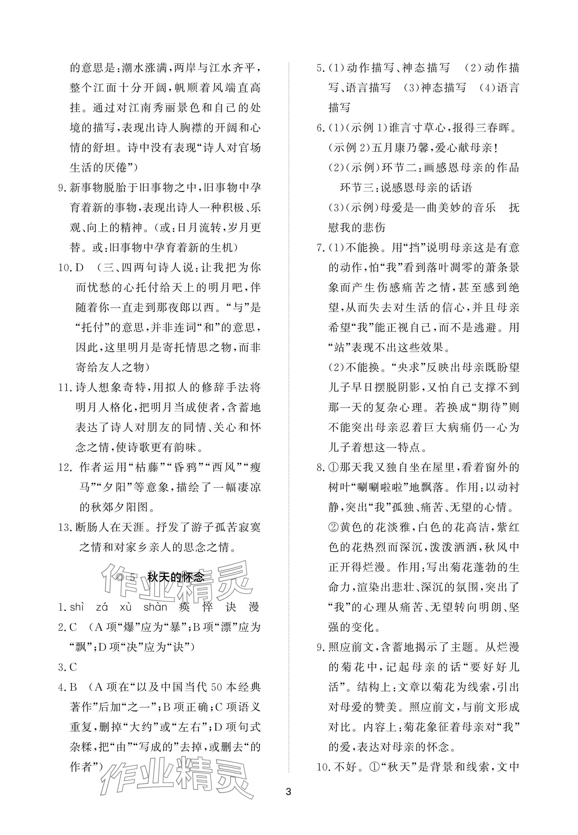 2025年精练课堂分层作业七年级语文上册人教版&nbsp;参考答案第3页