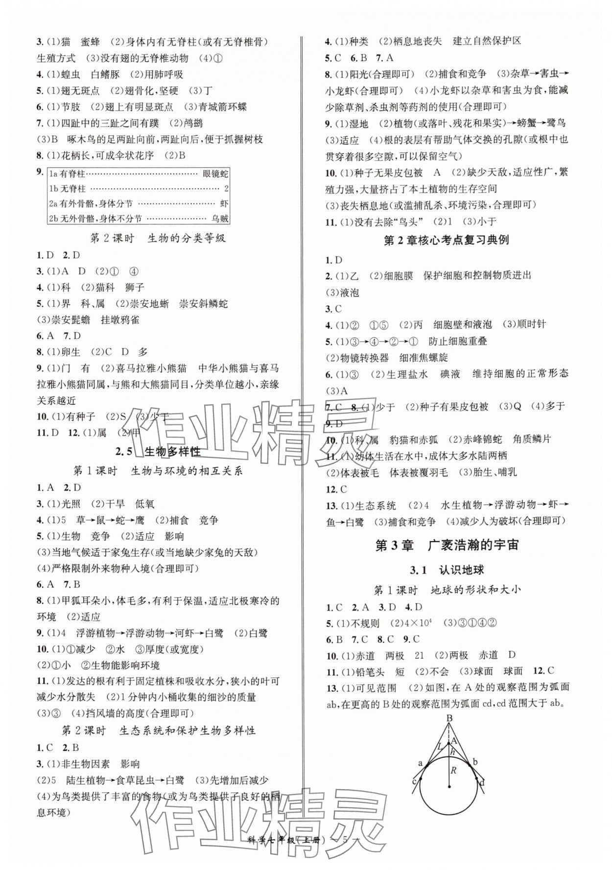 2025年名師金典七年級科學上冊浙教版 參考答案第5頁