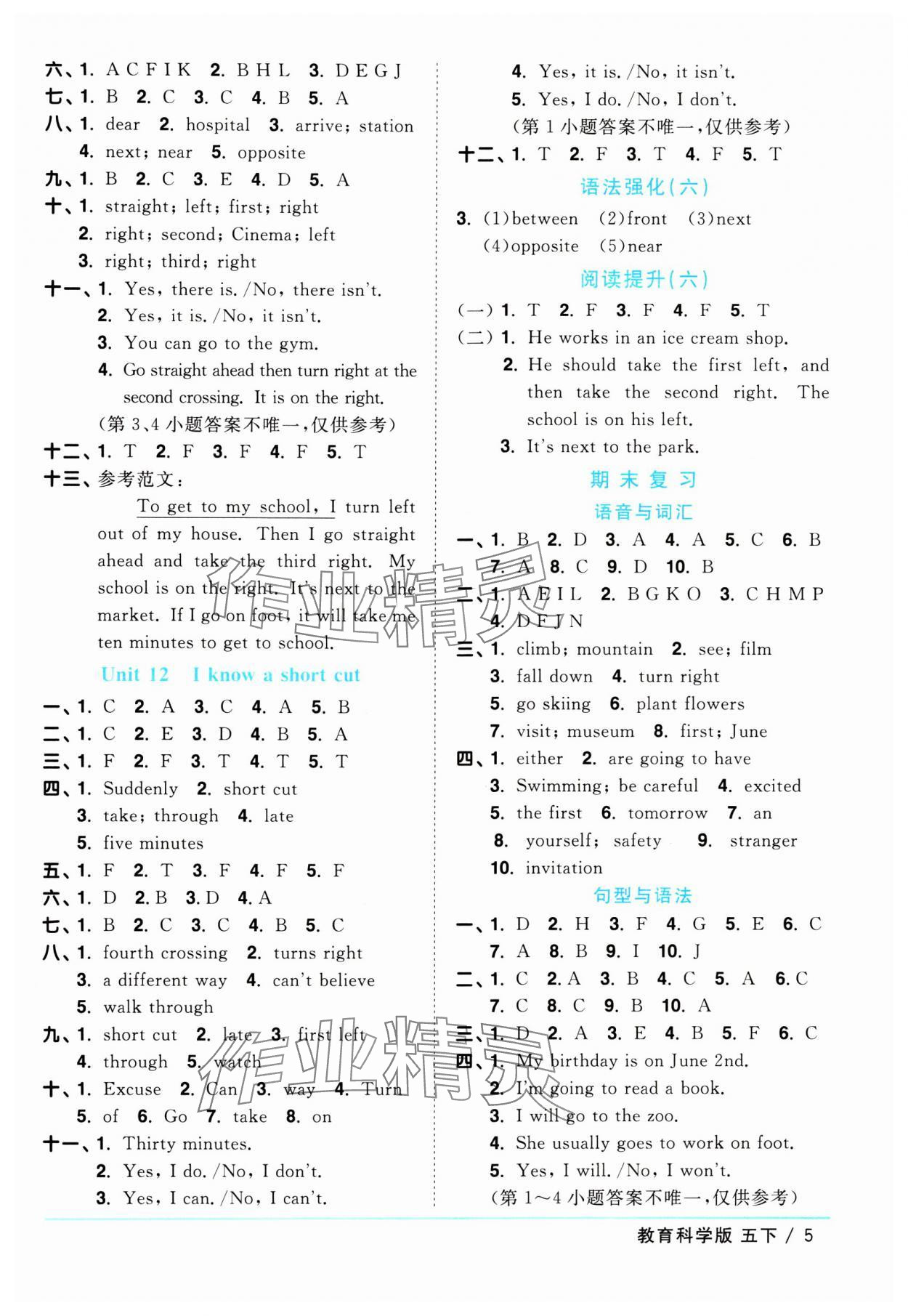 2024年陽光同學課時優(yōu)化作業(yè)五年級英語下冊教科版廣州專版 參考答案第5頁