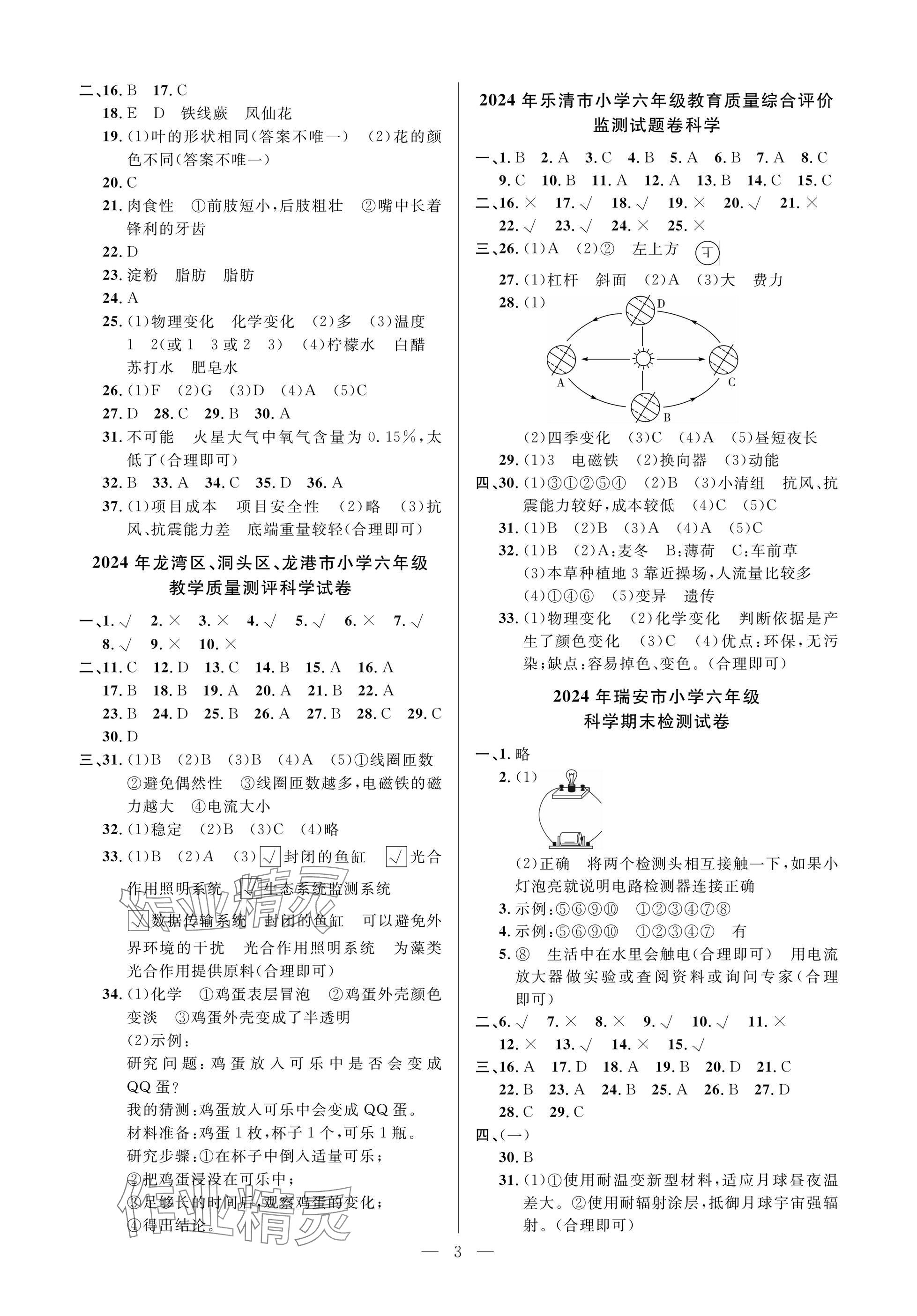 2025年小學(xué)畢業(yè)特訓(xùn)卷科學(xué)溫州專版 參考答案第3頁