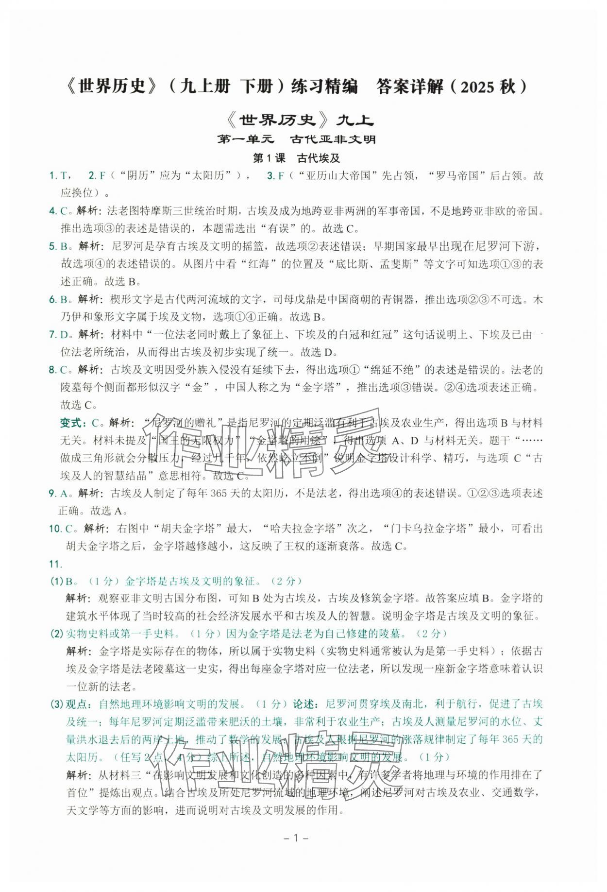 2025年练习精编九年级中国历史全一册人教版 参考答案第1页