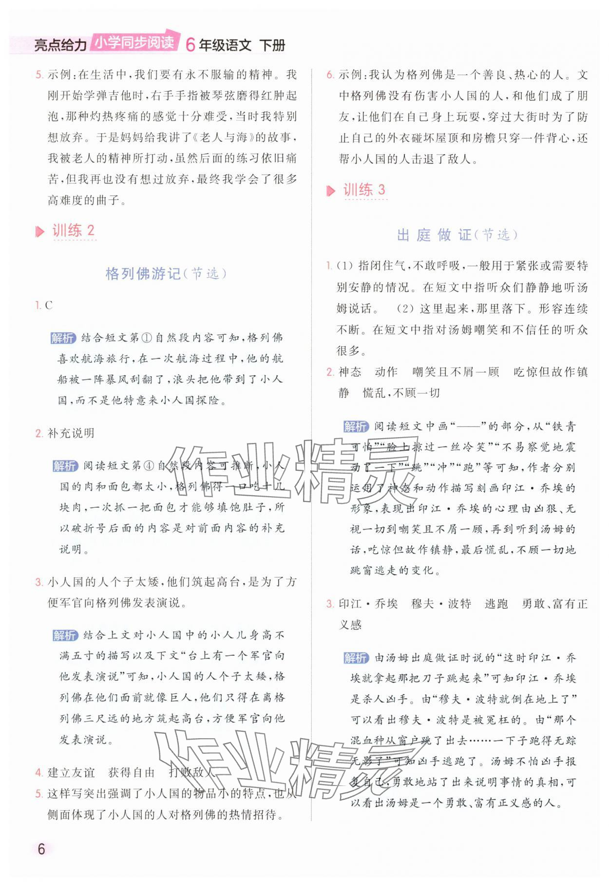 2025年亮點給力同步閱讀六年級語文下冊人教版 參考答案第6頁