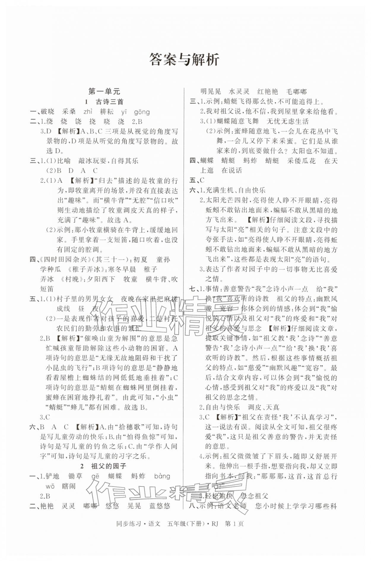 2026年鼎尖同步练习五年级语文下册人教版&nbsp;第1页
