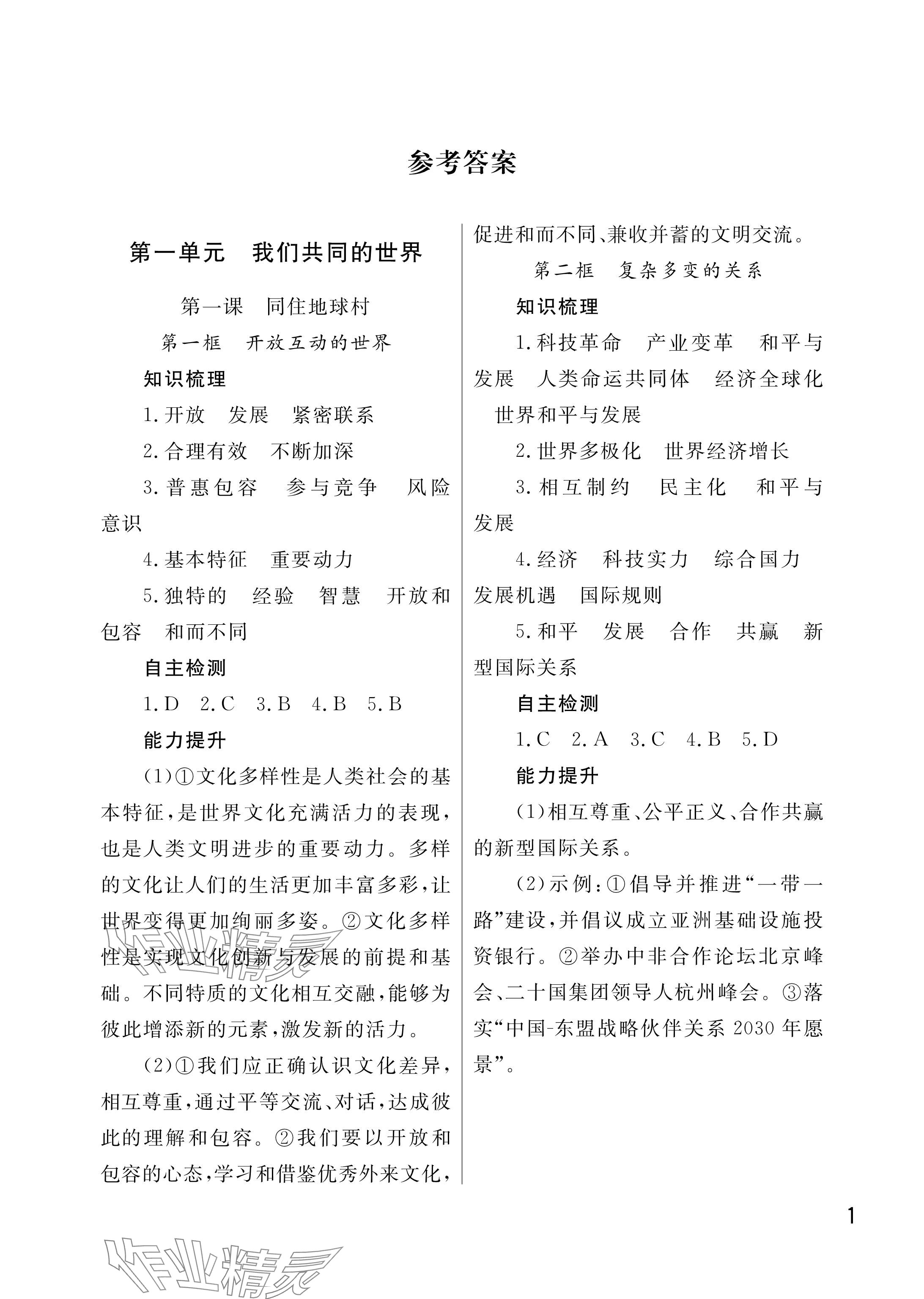 2025年課堂作業(yè)武漢出版社九年級道德與法治下冊人教版 參考答案第1頁