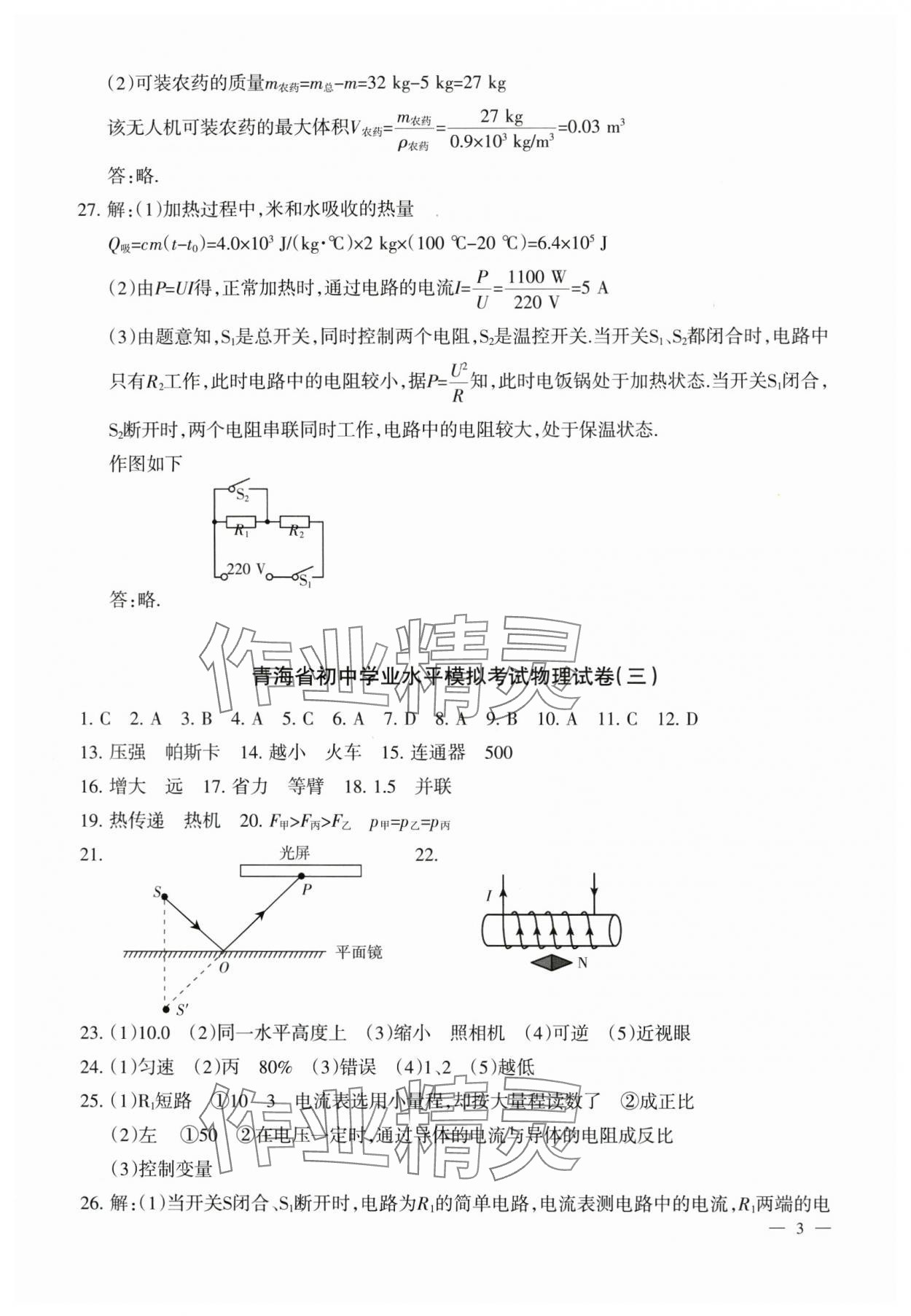 2024年青海省初中學(xué)業(yè)水平考試模擬試卷物理 參考答案第3頁