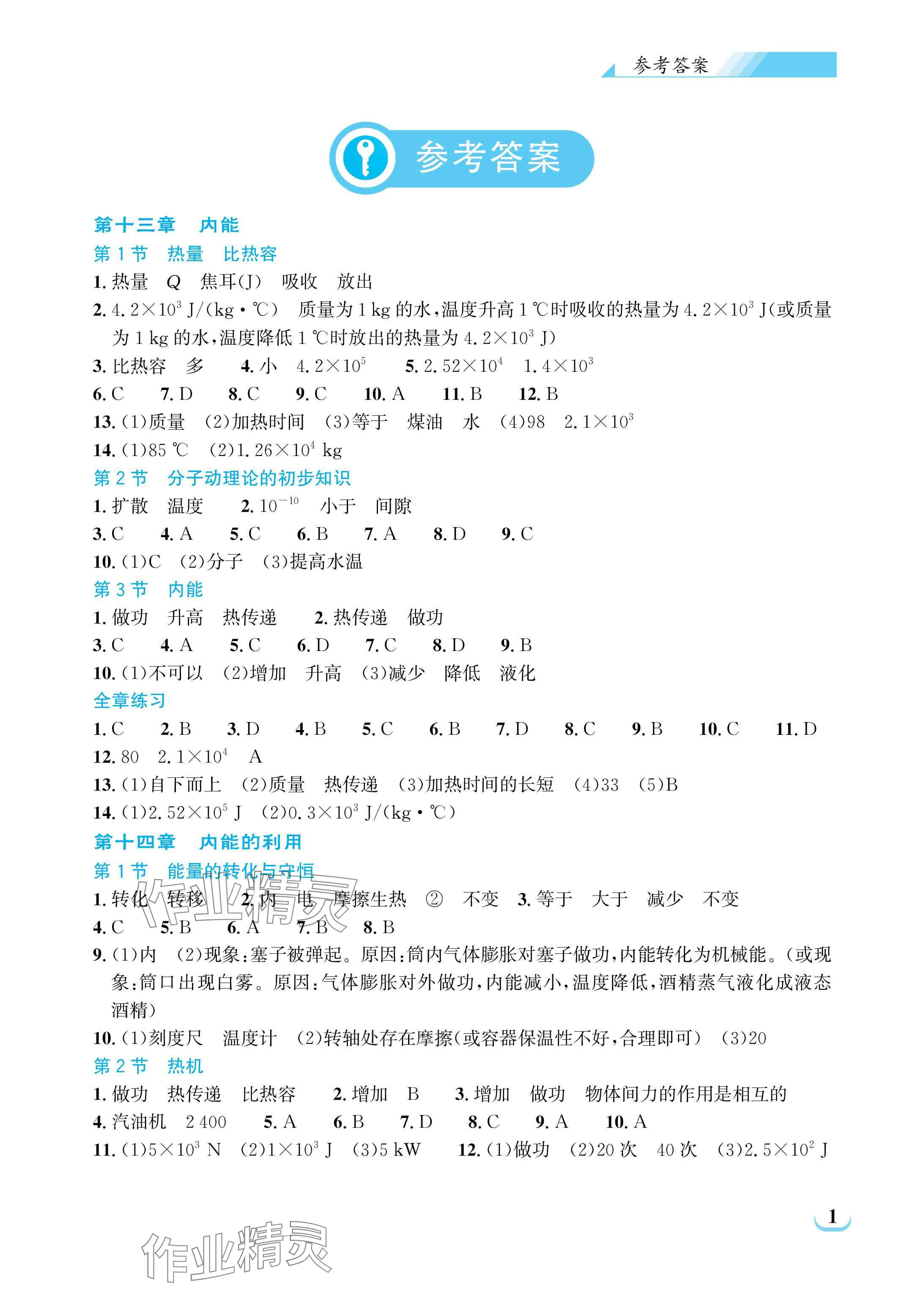 2025年长江作业本同步练习册九年级物理全一册人教版 参考答案第1页