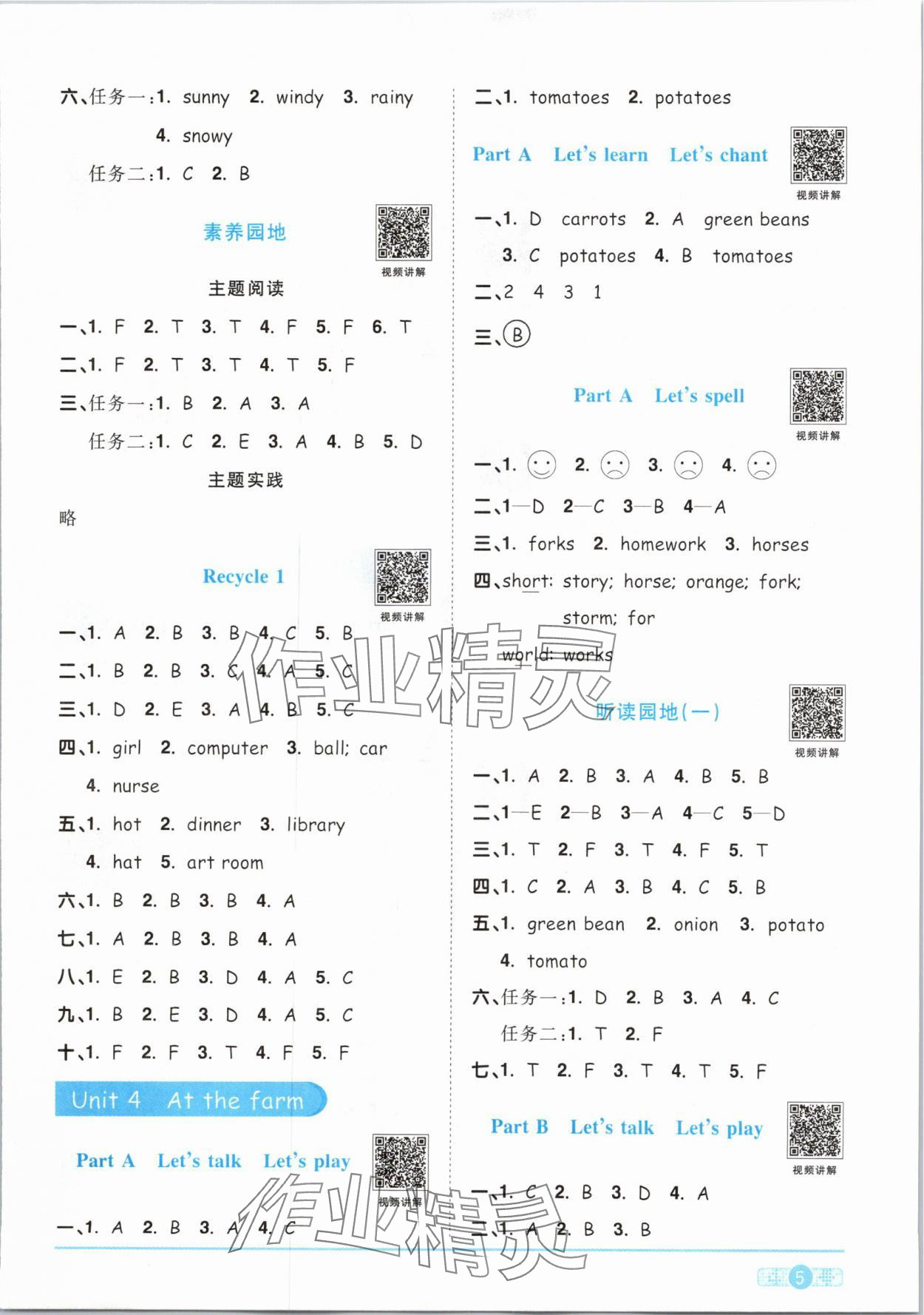 2024年陽光同學課時優(yōu)化作業(yè)四年級英語下冊人教PEP版 參考答案第5頁