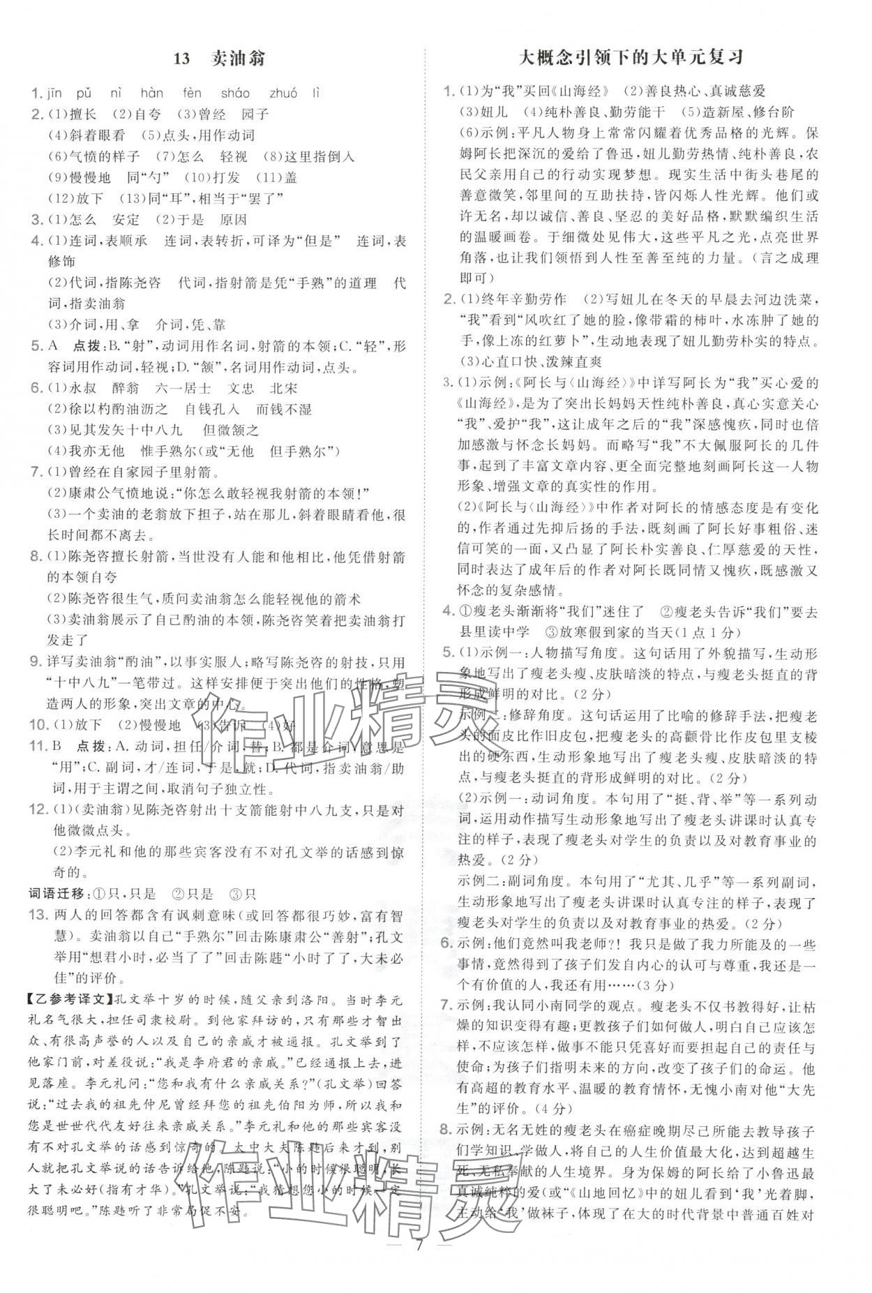 2025年点拨训练七年级语文下册人教版陕西专版 参考答案第7页