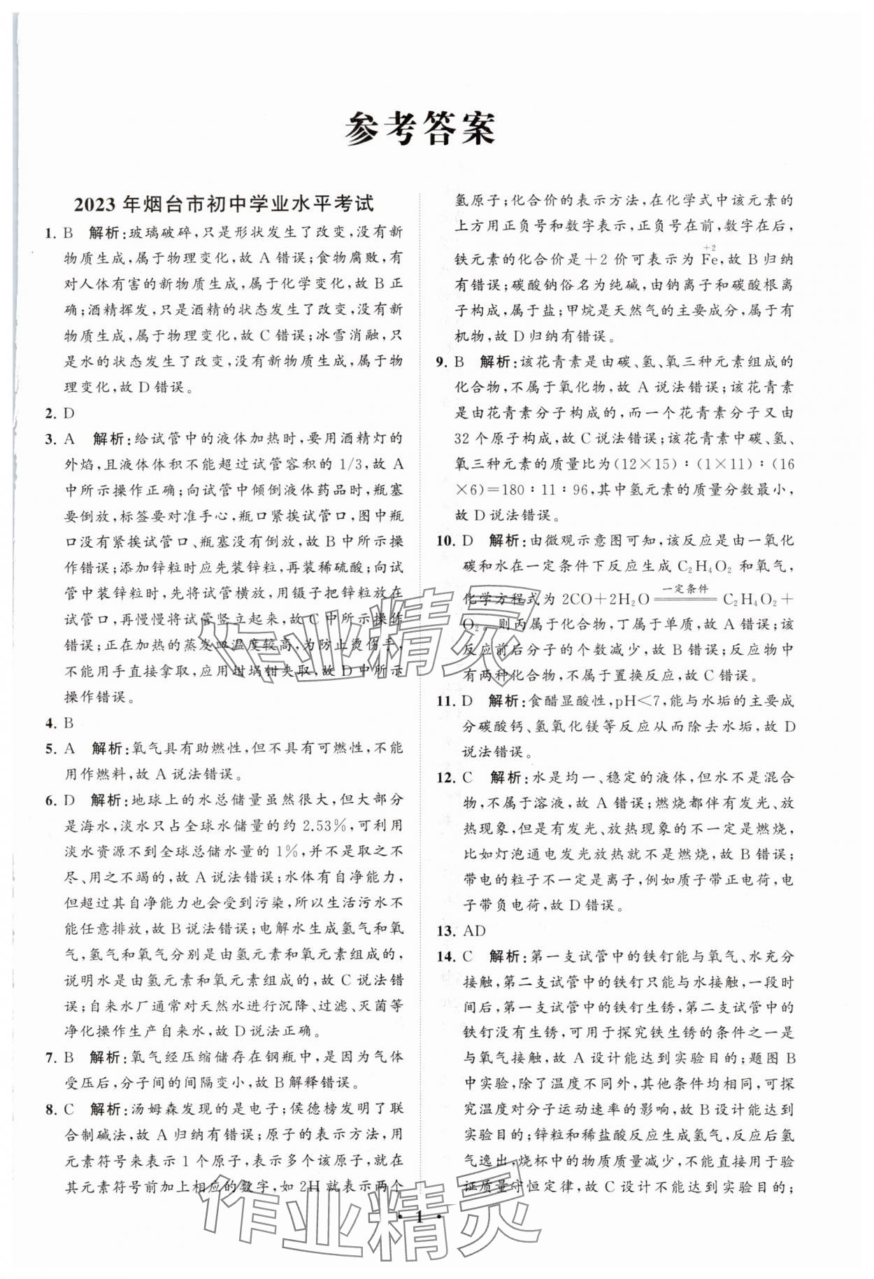 2024年初中總復習手冊分層專題卷化學五四制煙臺專版 參考答案第1頁