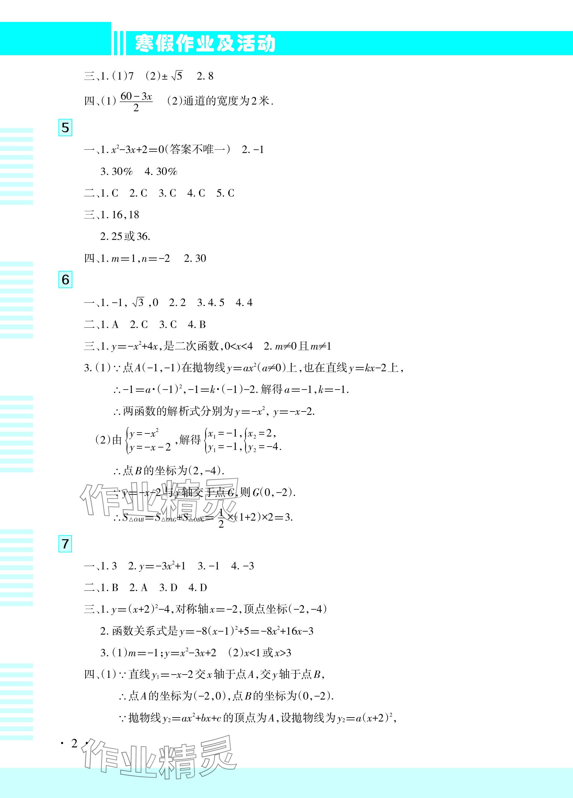 2024年寒假作业及活动九年级数学 参考答案第2页