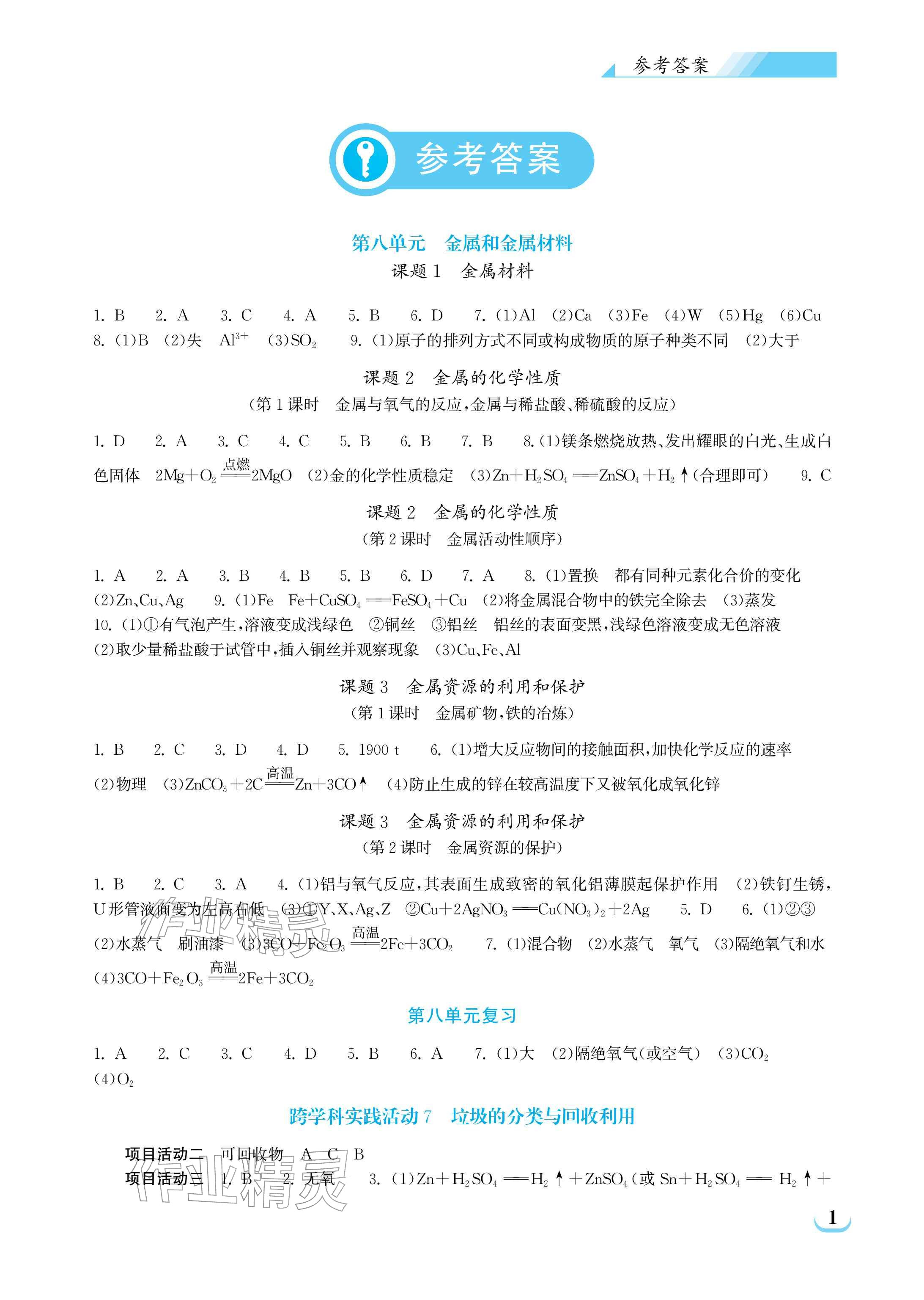 2026年长江作业本同步练习册九年级化学下册人教版 参考答案第1页