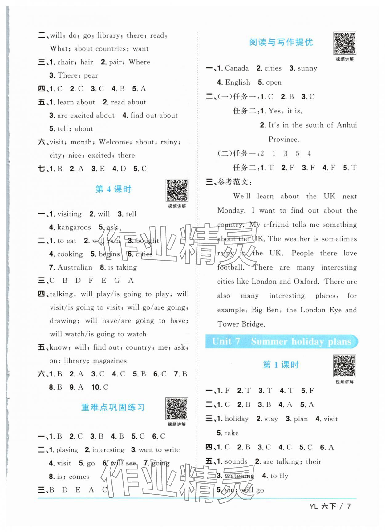 2024年陽光同學(xué)課時優(yōu)化作業(yè)六年級英語下冊譯林版江蘇專版 參考答案第7頁