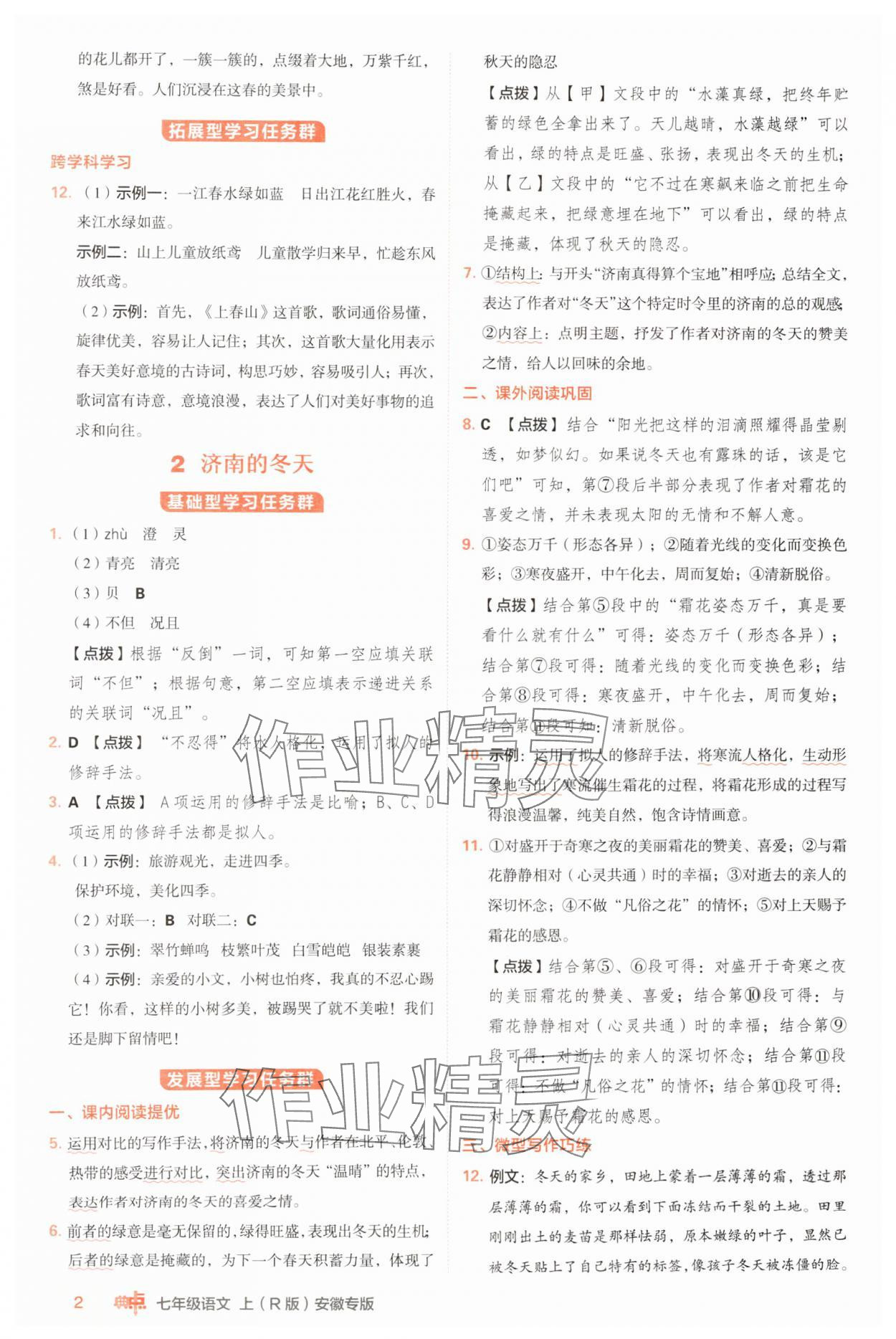 2024年综合应用创新题典中点七年级语文上册人教版安徽专版 参考答案第2页